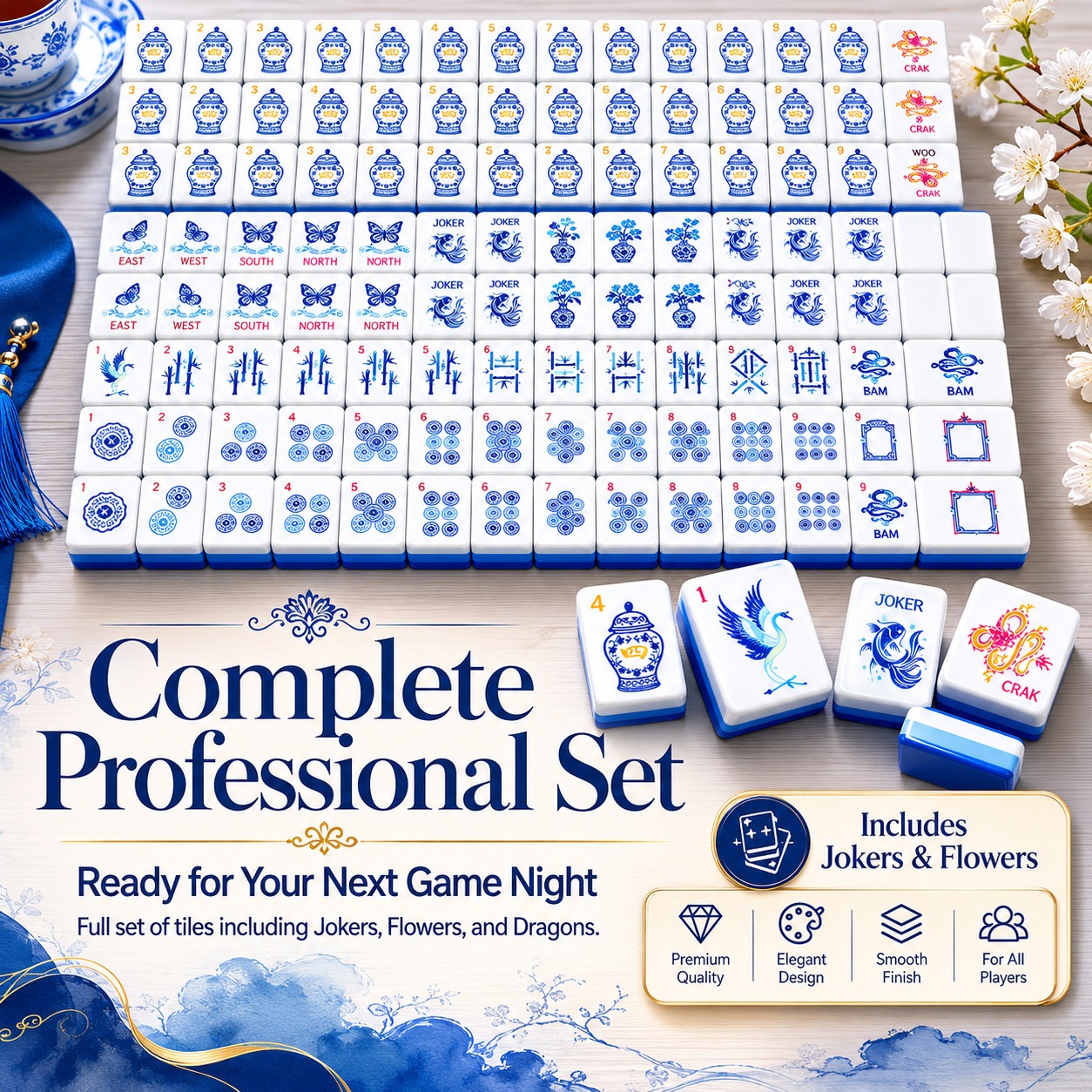 US Stock American Mahjong Tiles 160 Blue and White Porcelain Mahjong Set