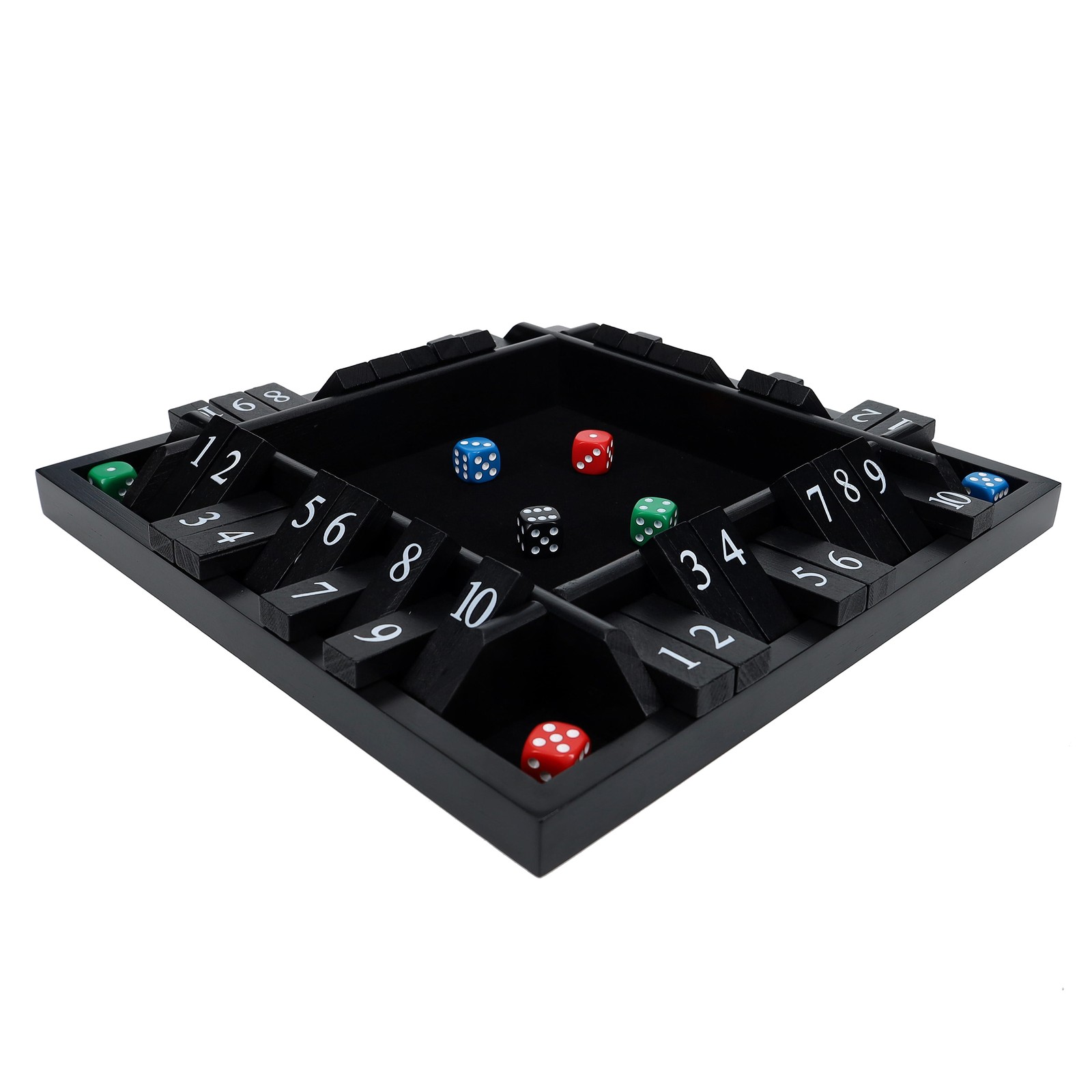 Pacific Shore Games 4 Player Shut The Box Dice Game, Black Stained Wood, 12