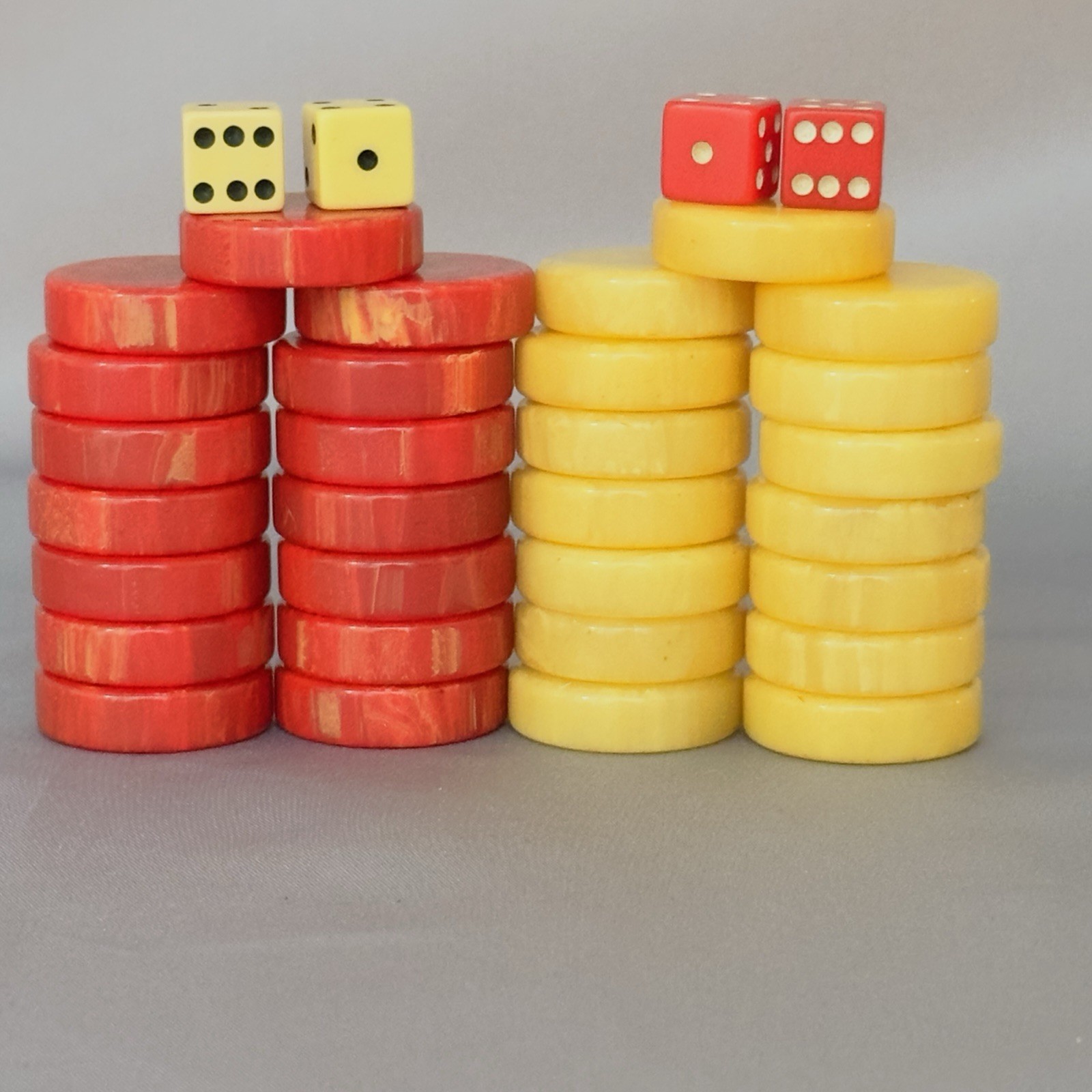 Bakelite Backgammon Checkers Set 30 Pieces Red Yellow Butterscotch Swirl w Dice