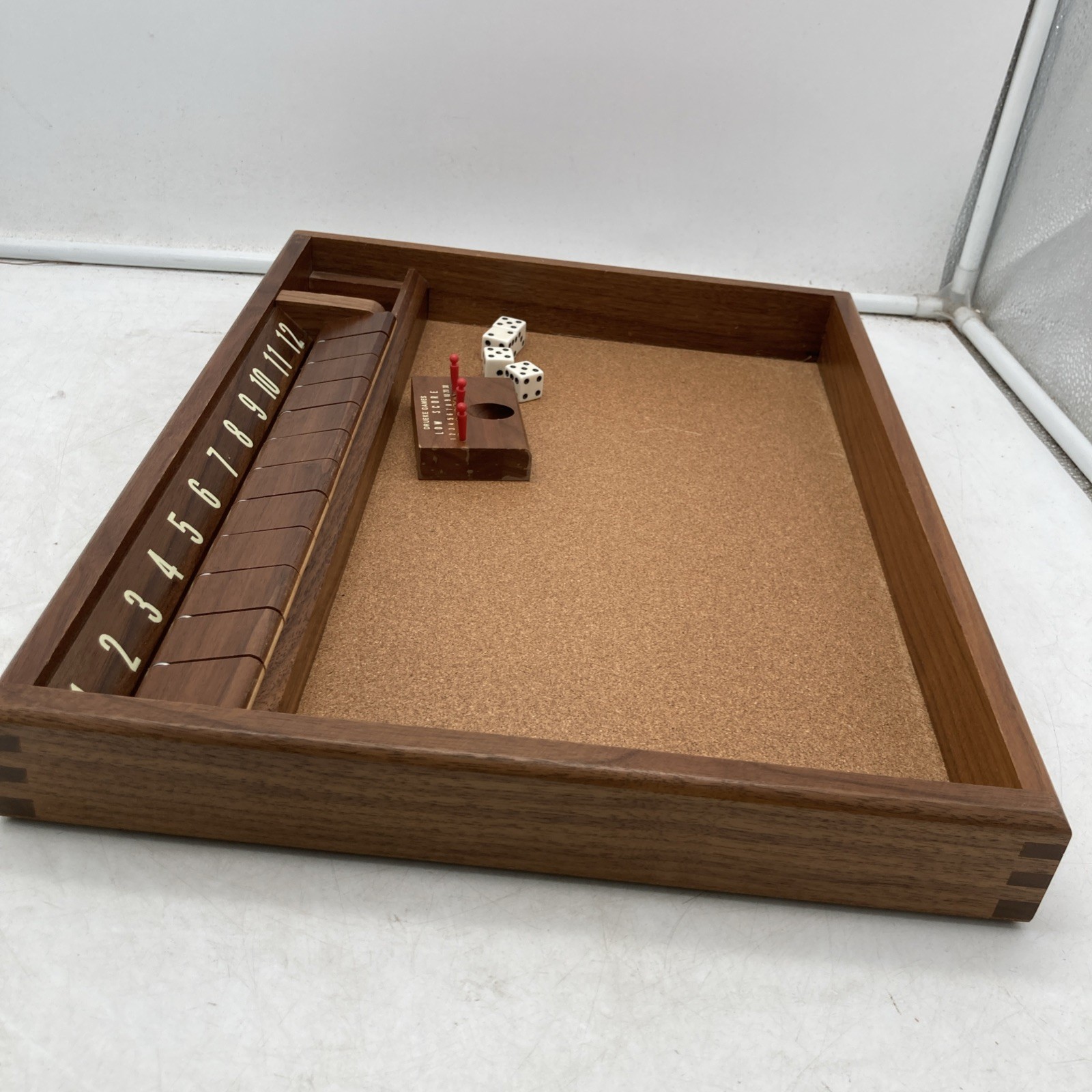Vintage 1963 Drueke Clapper 12 Game No. 7086 Walnut Shut the Box Board w/ Box