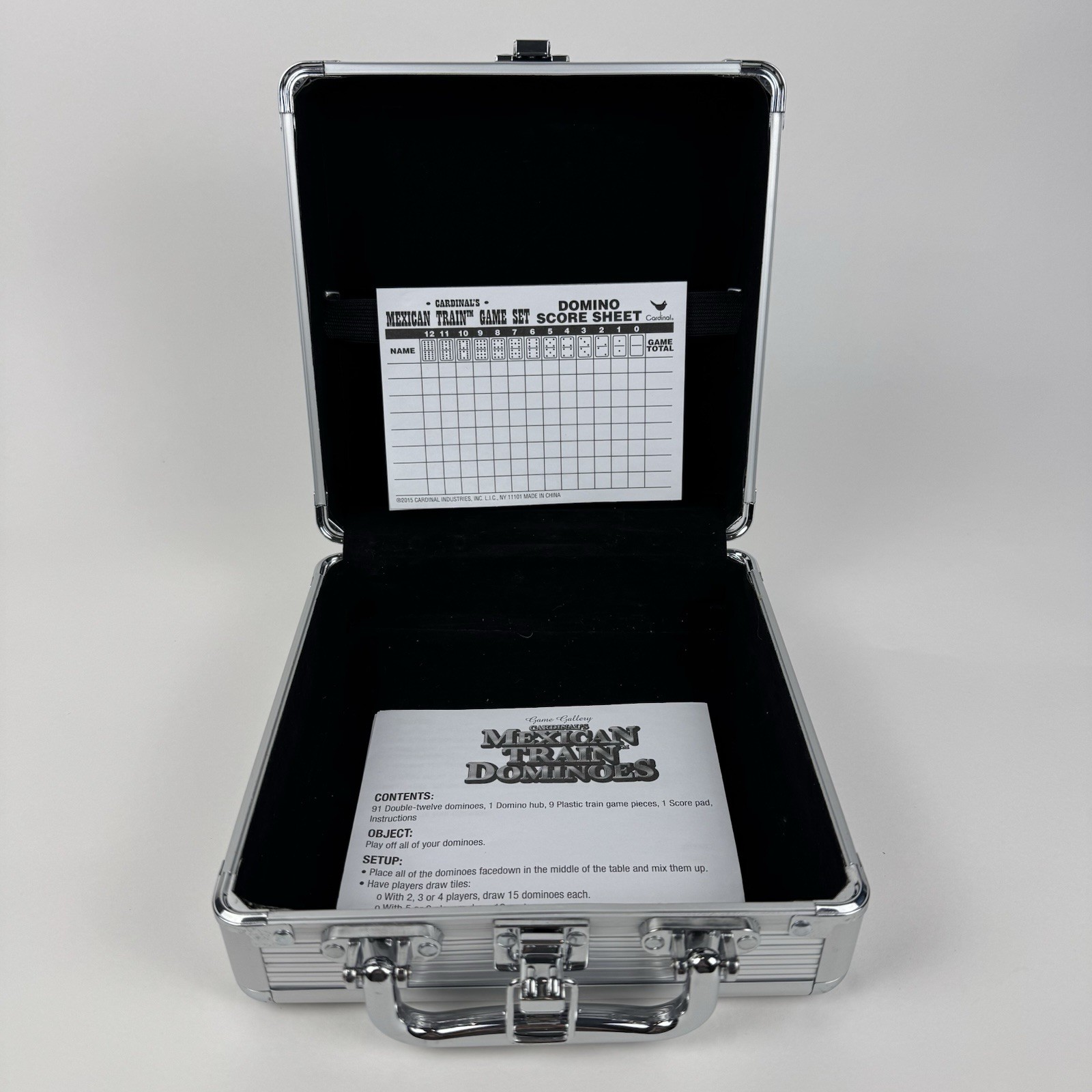 Cardinal Mexican Train Dominoes Metal Travel Case, Score Sheet & Instructions