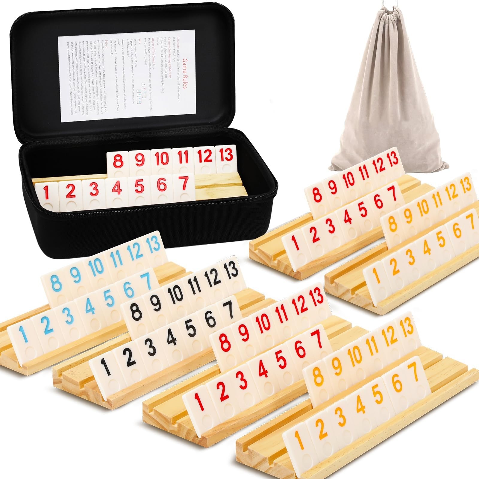 Rummy Game for 2-6 Players – 160 Melamine Tiles, Wooden Racks, Portable Case, Fu