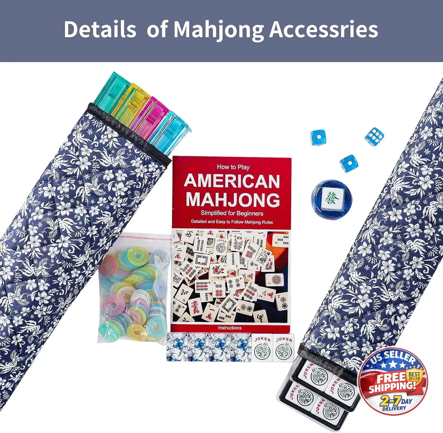American Mahjong Set,166 Premium Acrylic Tiles with Blue Prints, 4 All-in-One Co