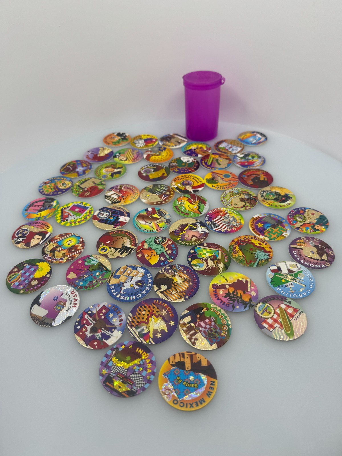 Vintage POGS incomplete Set of Foil States And Government With Rohks Container
