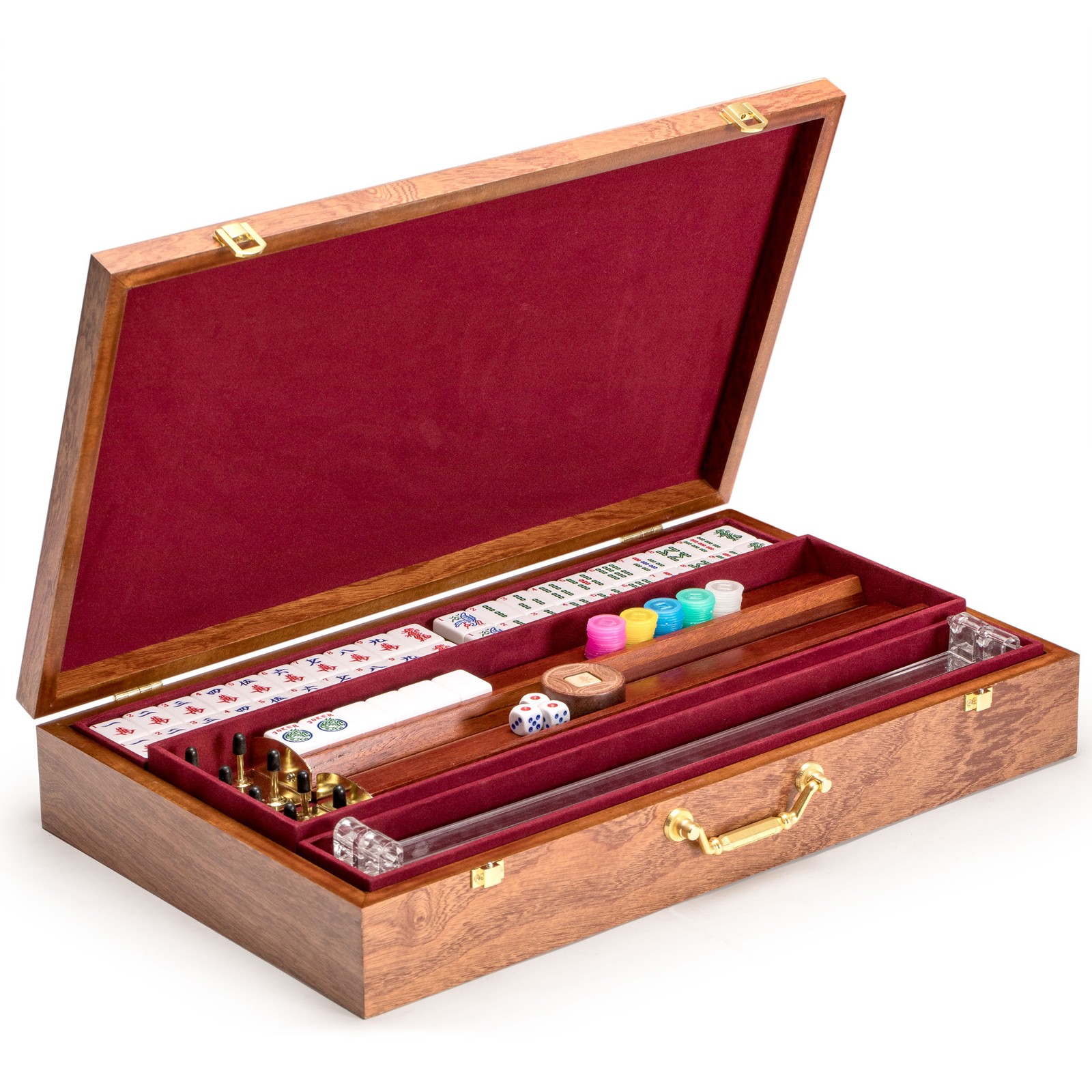 American Mahjong Set, “Golden Fortune” with Inlaid Wooden Case, Racks, Pushers