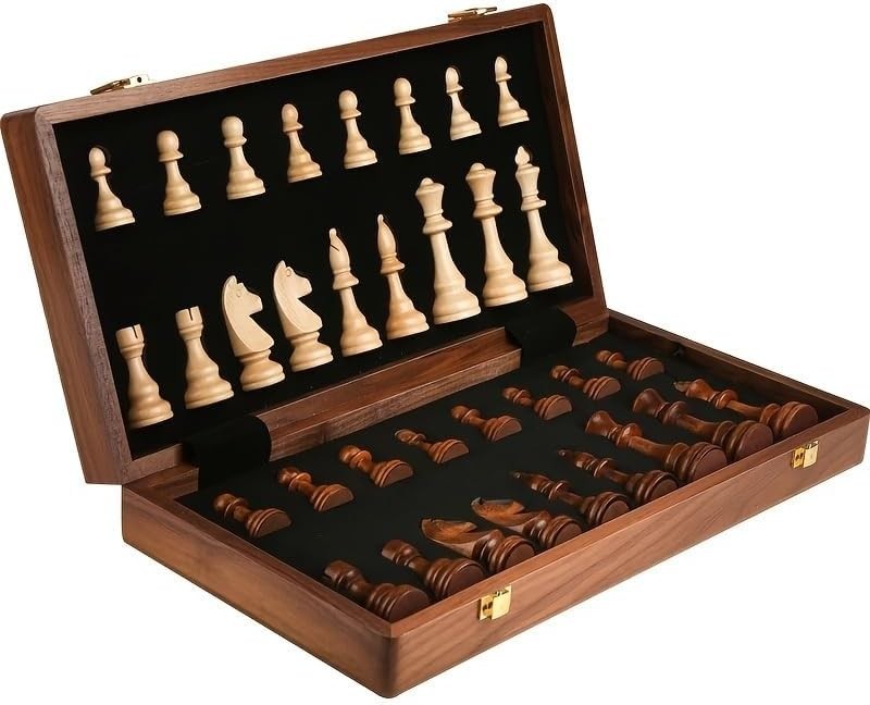 15” Walnut Chess Set with Storage Board for Adults & Children, 2 Players