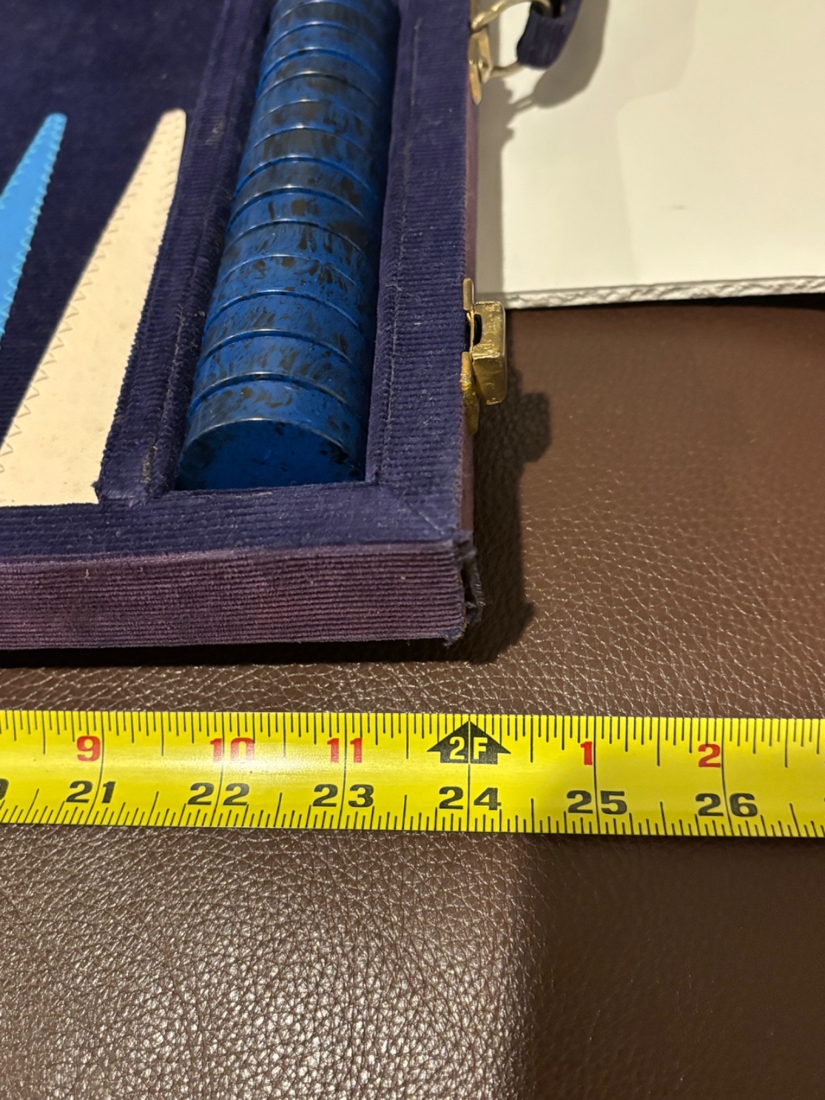 Vintage Backgammon Blue Corduroy Case Blue Black Speck + Cream Checkers
