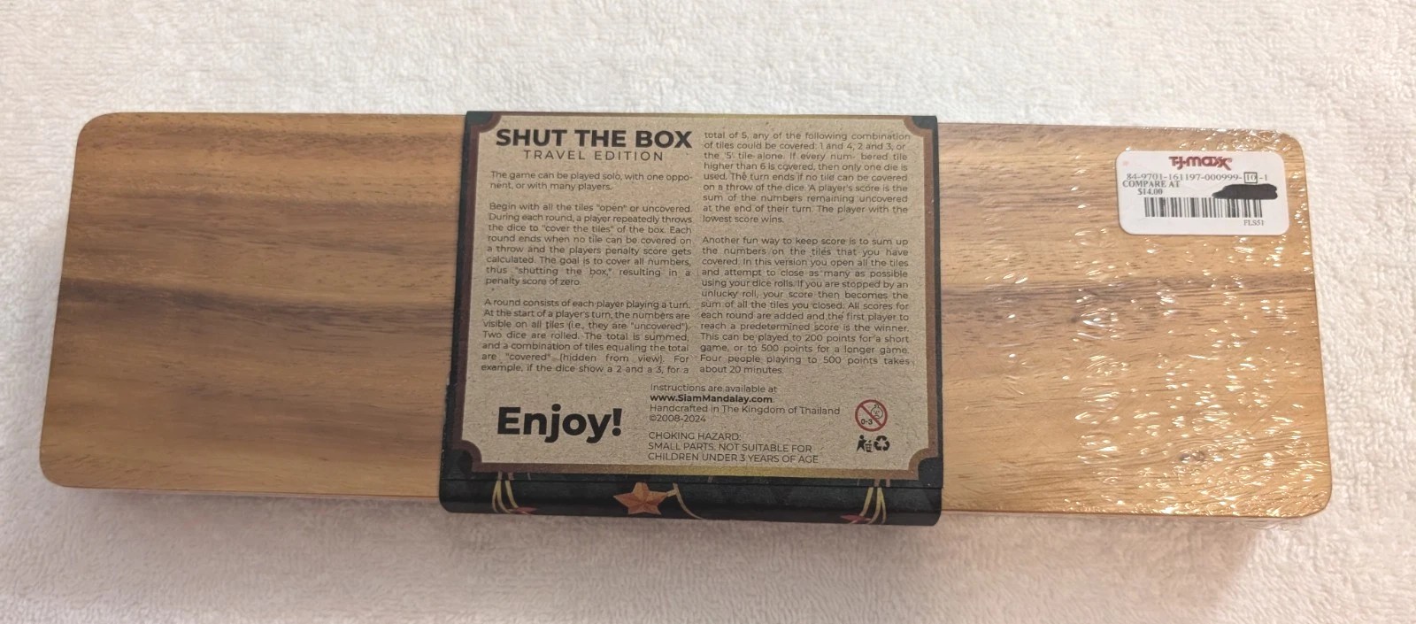Shut The Box Wooden Travel Edition Game Handcrafted Wood Puzzle Thailand NEW
