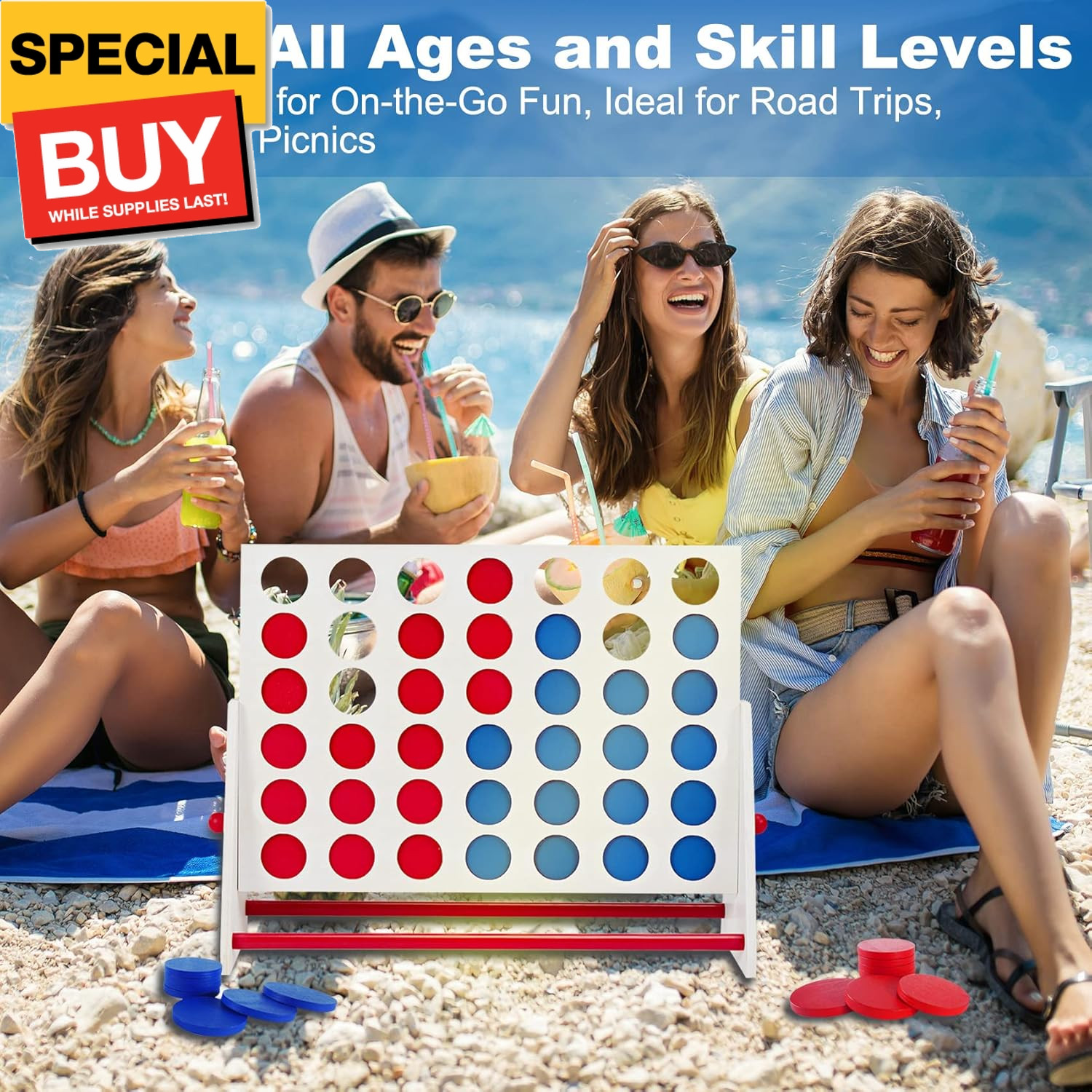 Portable Wooden 4 in a Row Game, Classic Wooden 4-to-Score Game Set with Coins &