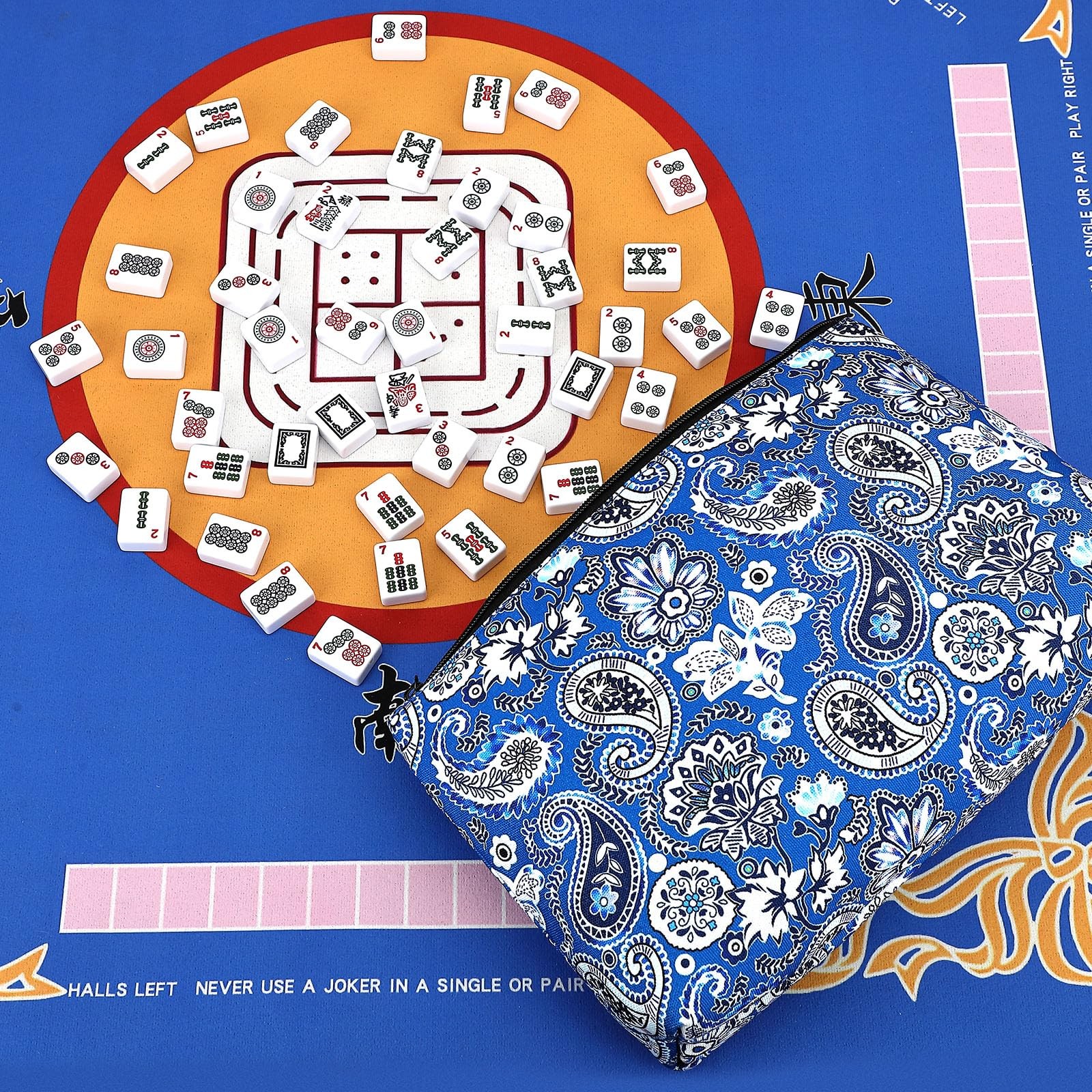 Mahjong Tiles Storage Bag, 1.2 Inch Standard Tiles, Blue Printed