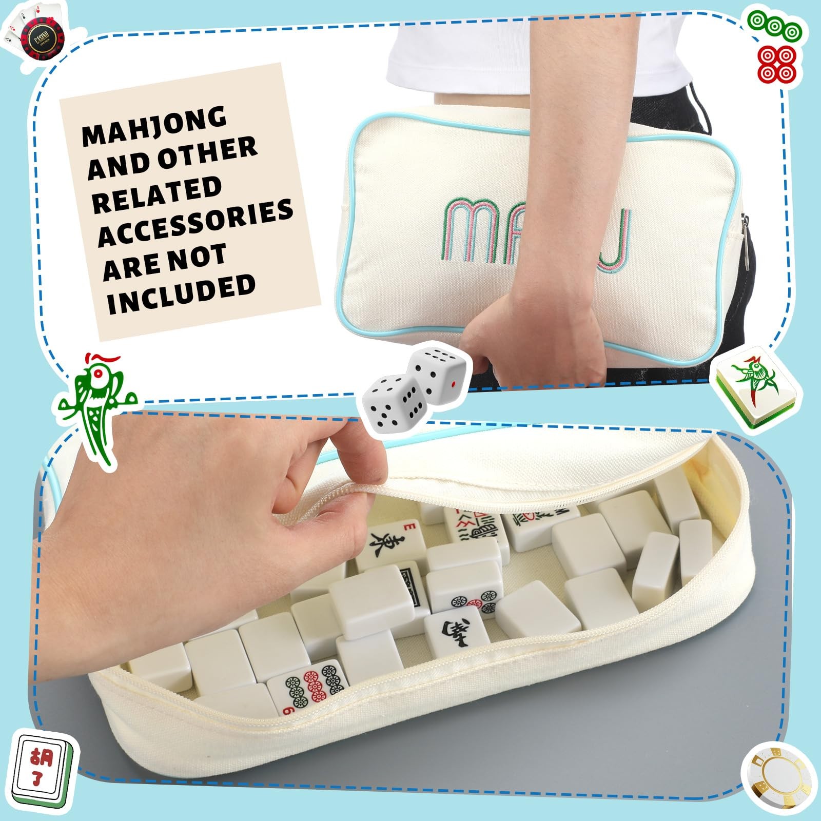 Empty Mahjong Bag Thickened American Mahjong Tiles Bag with Zipper Storage Po…