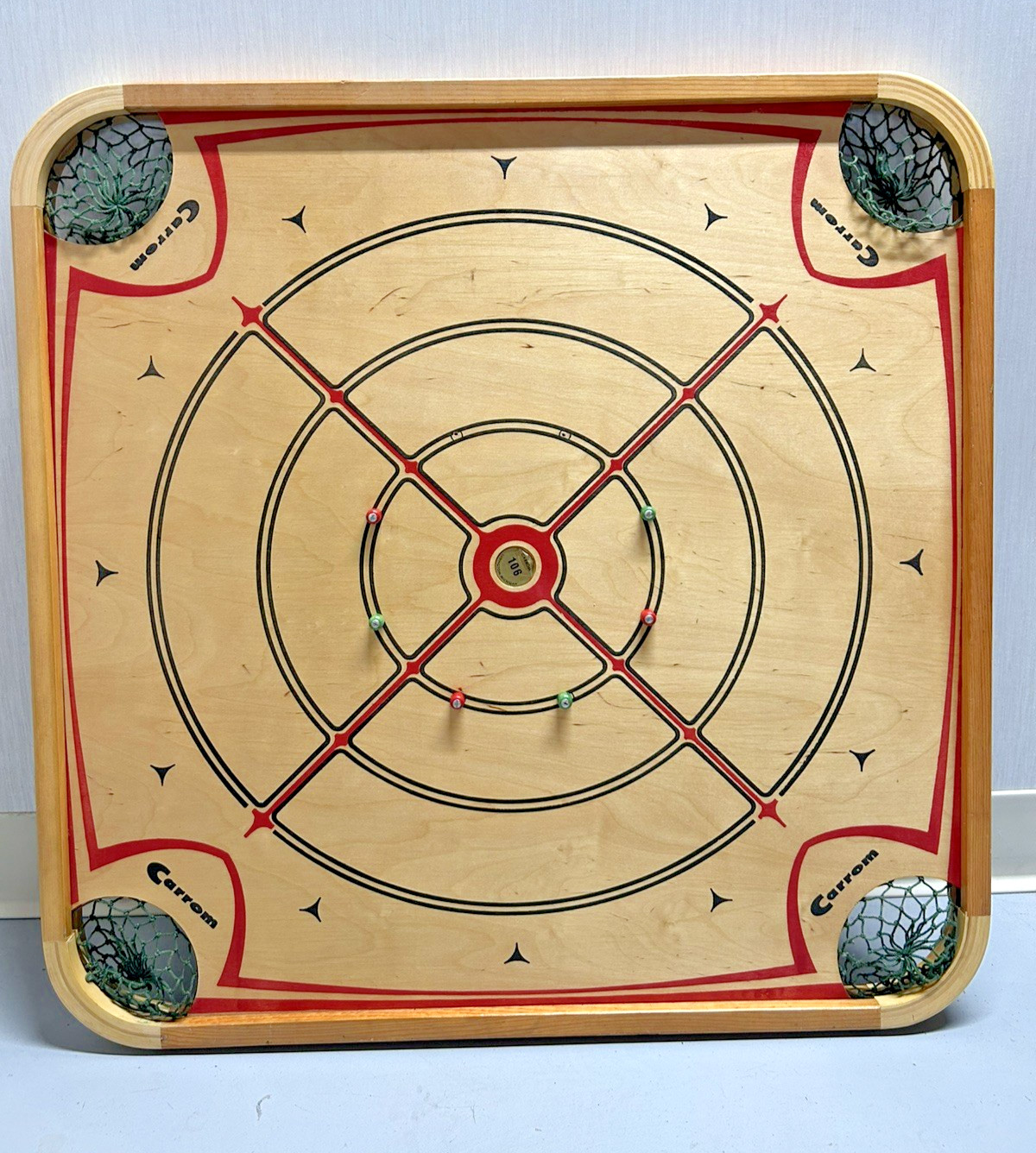Vintage 1960s Carrom Double Sided Board PLUS Game Pieces and Box! Game no. 106