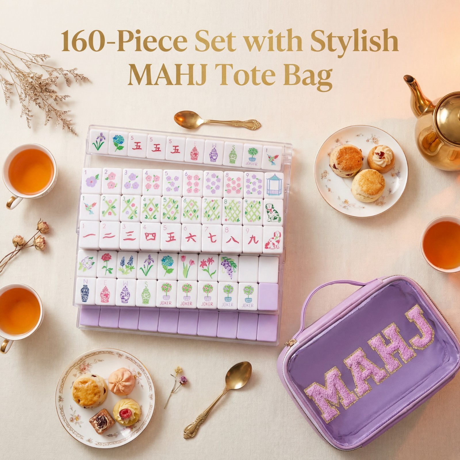 NEW！Pink-Purple Engraved American Mahjong 160 tiles Set+ Free bag Gift