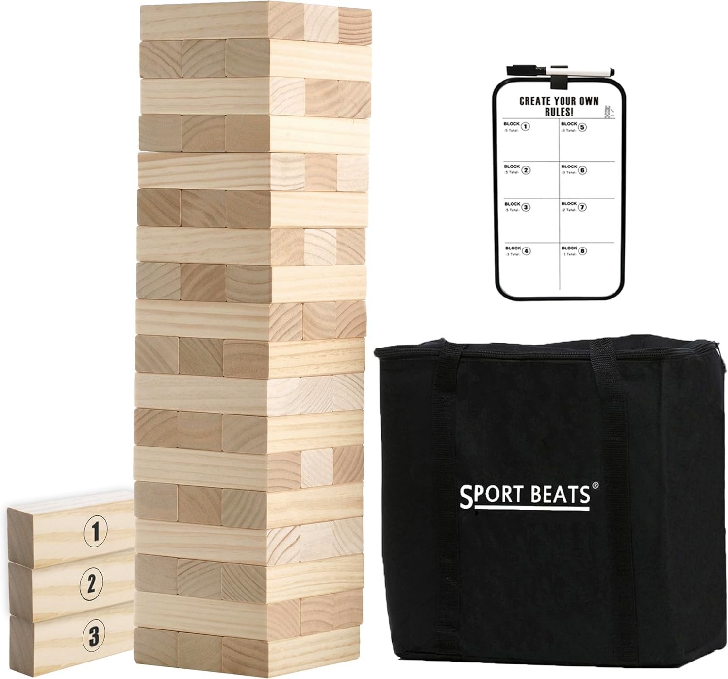 Outdoor Tower Game: 54 Large Stacking Blocks with Carry Bag & Scoreboard