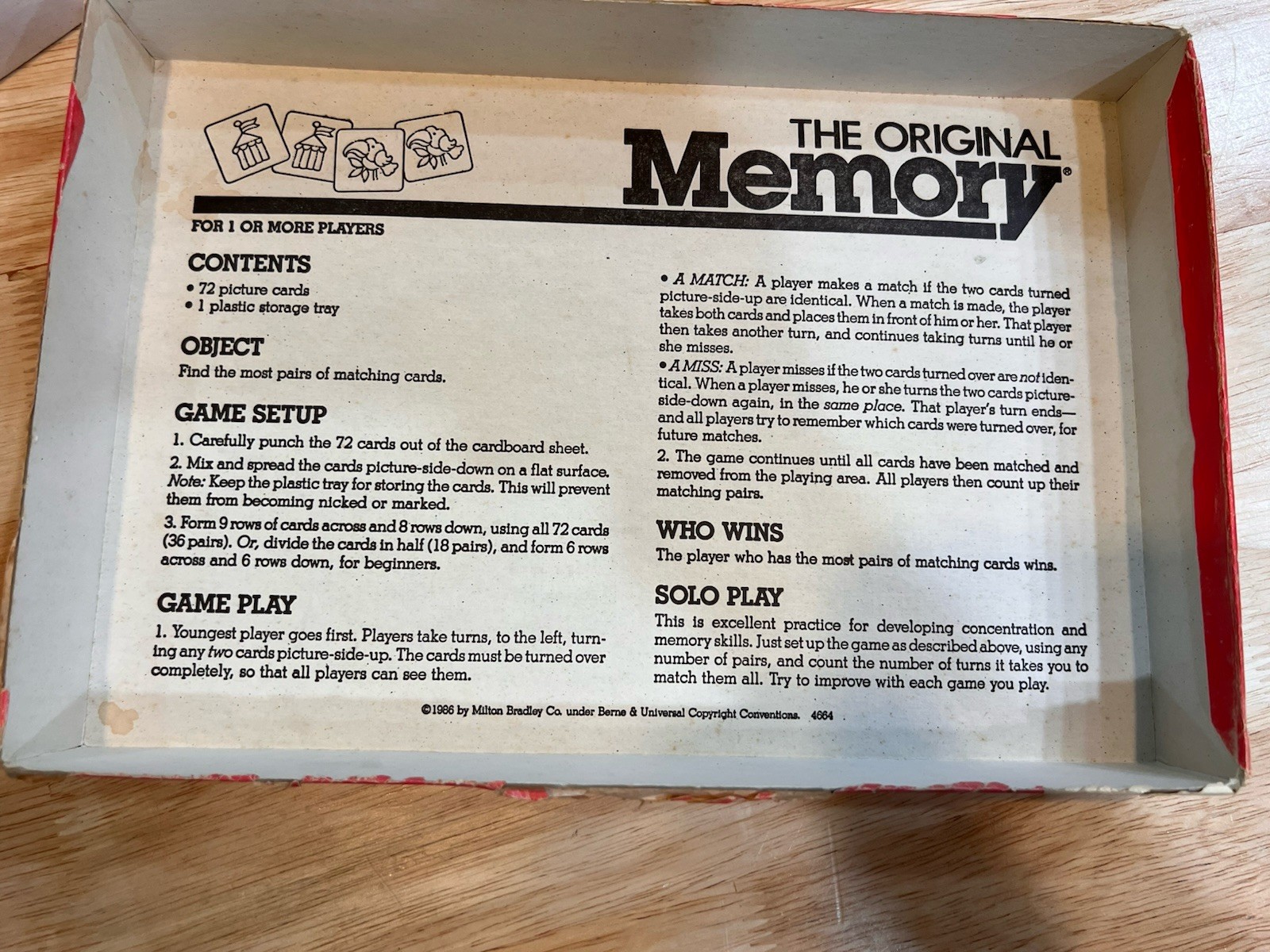 1986 Milton Bradley The Original Memory Game Vintage Read 71 Cards
