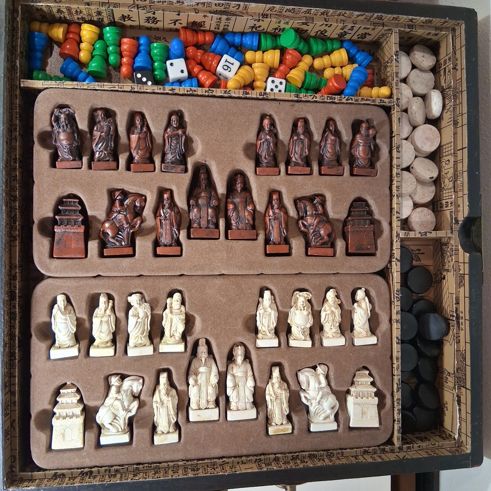 Vintage Chinese Dragon Phoenix Multi Game Chest Chess Backgammon Go Complete 16″