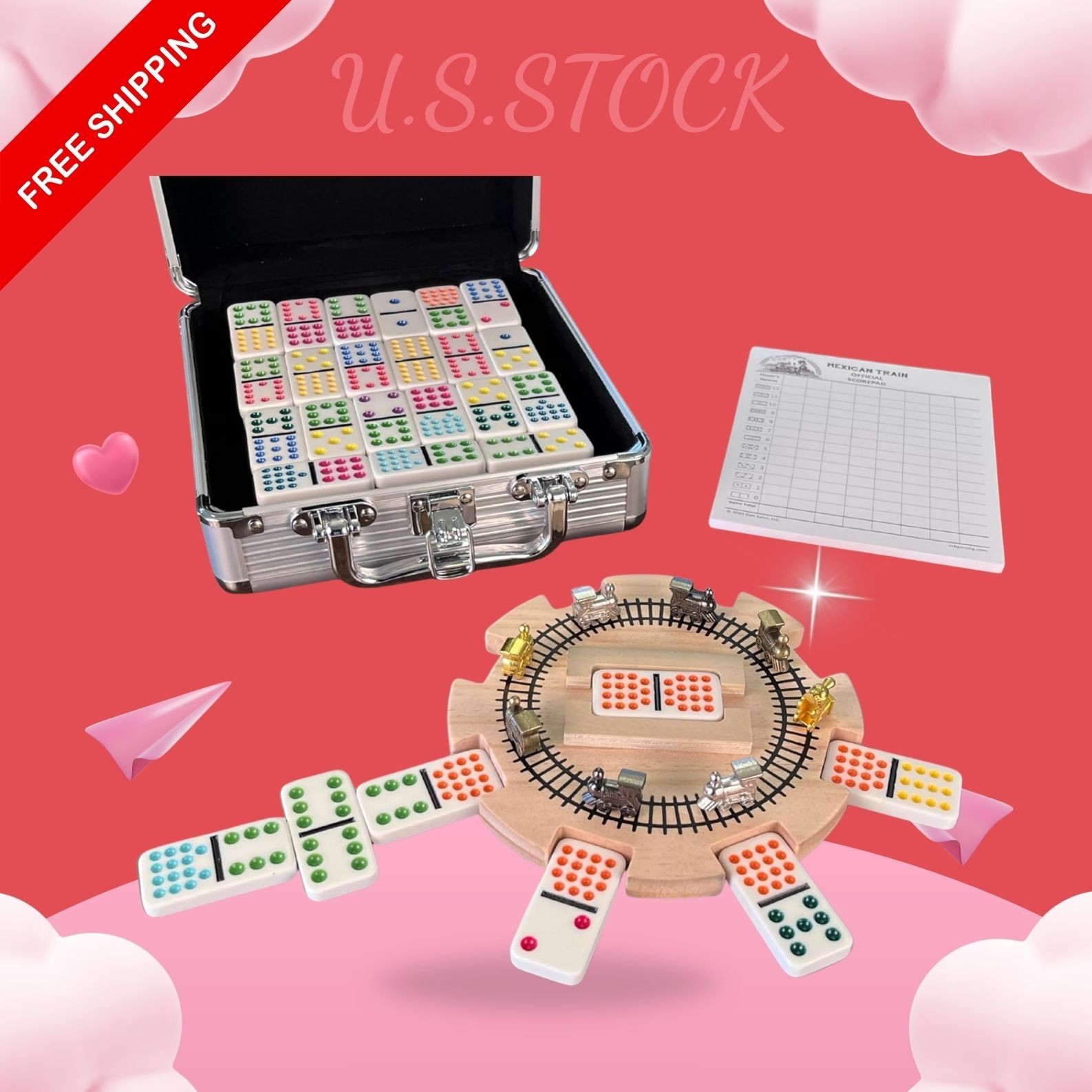 NEW Mexican Train Dominoes Set Double 15 Color Dots w Hub Trains Case