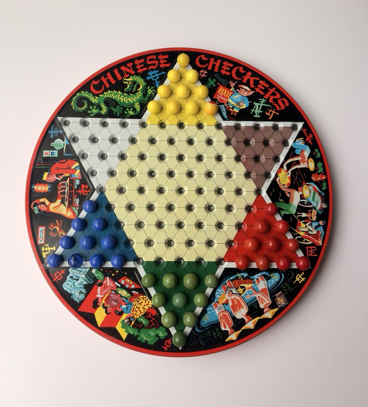 EARLY VTG STEVEN MFG. PIXIE GAME METAL CHINESE CHECKER BOARD TOP ONLY W/MARBLES