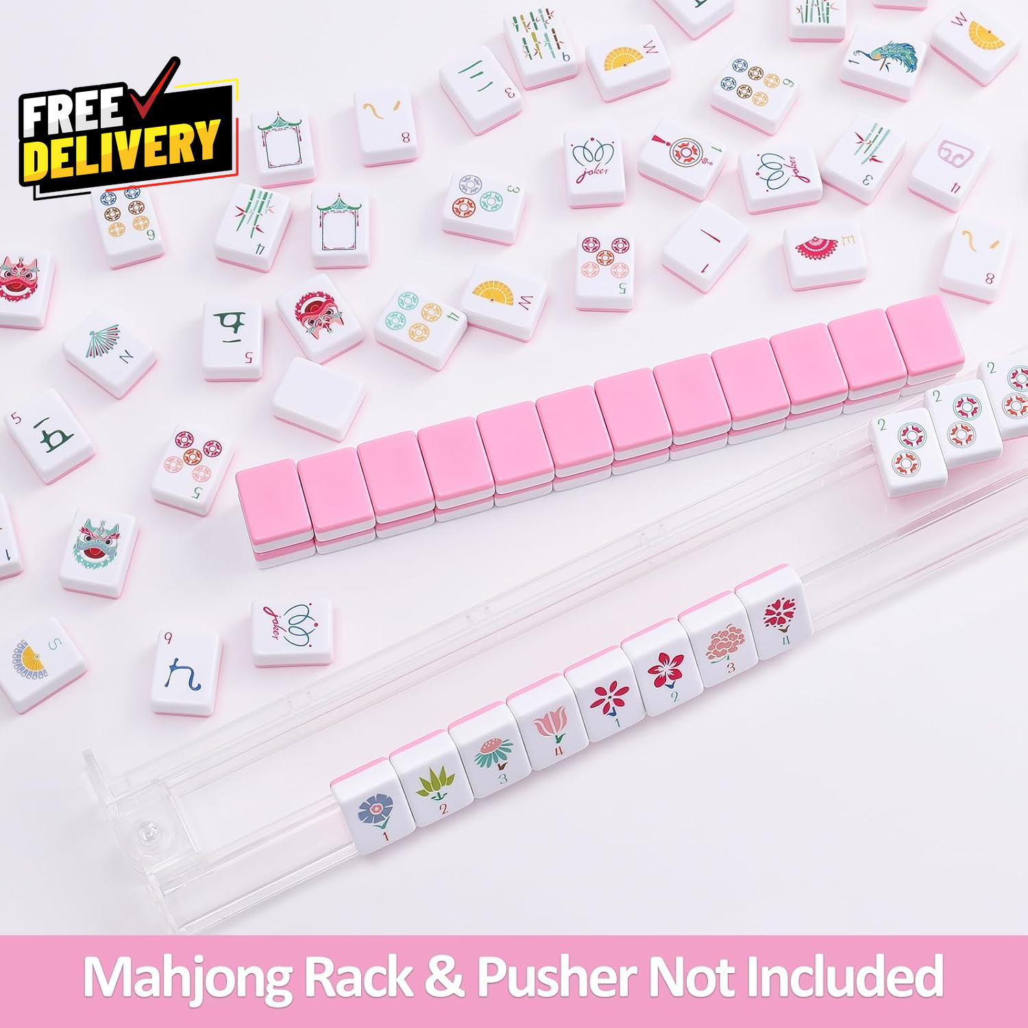 160 Pink Engraved American Mahjong Tiles Set with Carrying Bag and Accessories..
