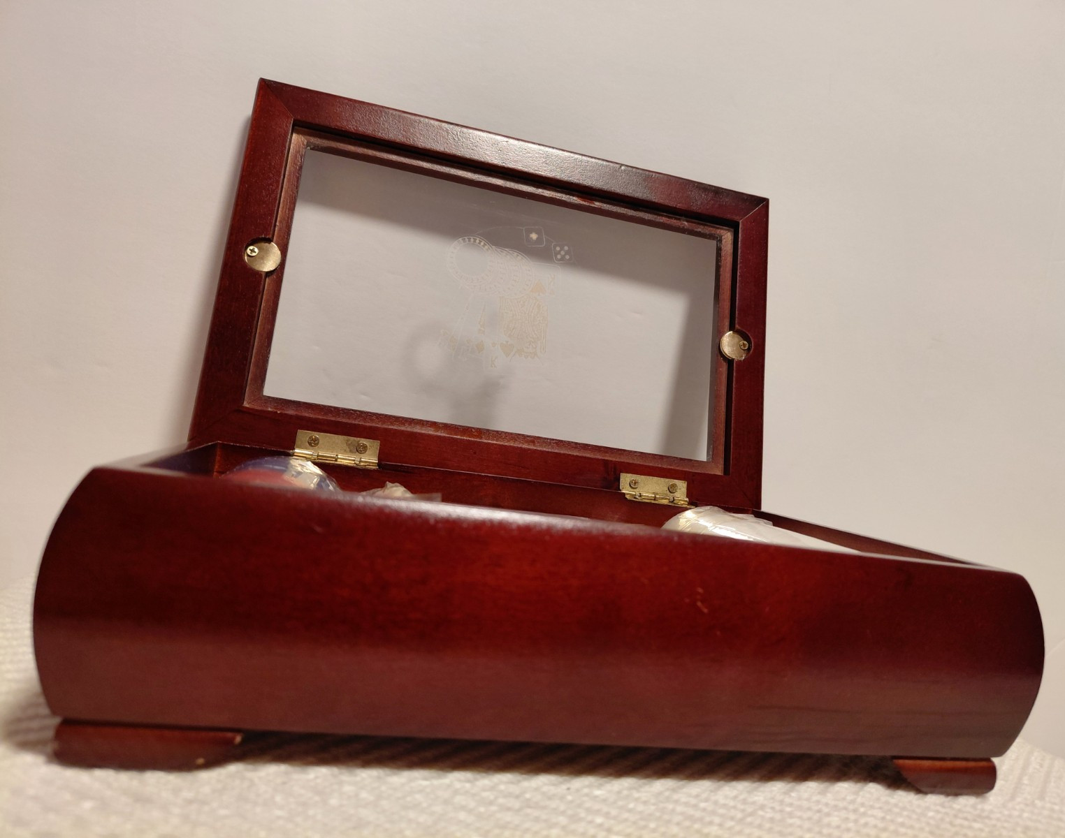 Poker set in wooden & glass box -sealed 2 sets dice/2 decks cards/2 chips-VTG
