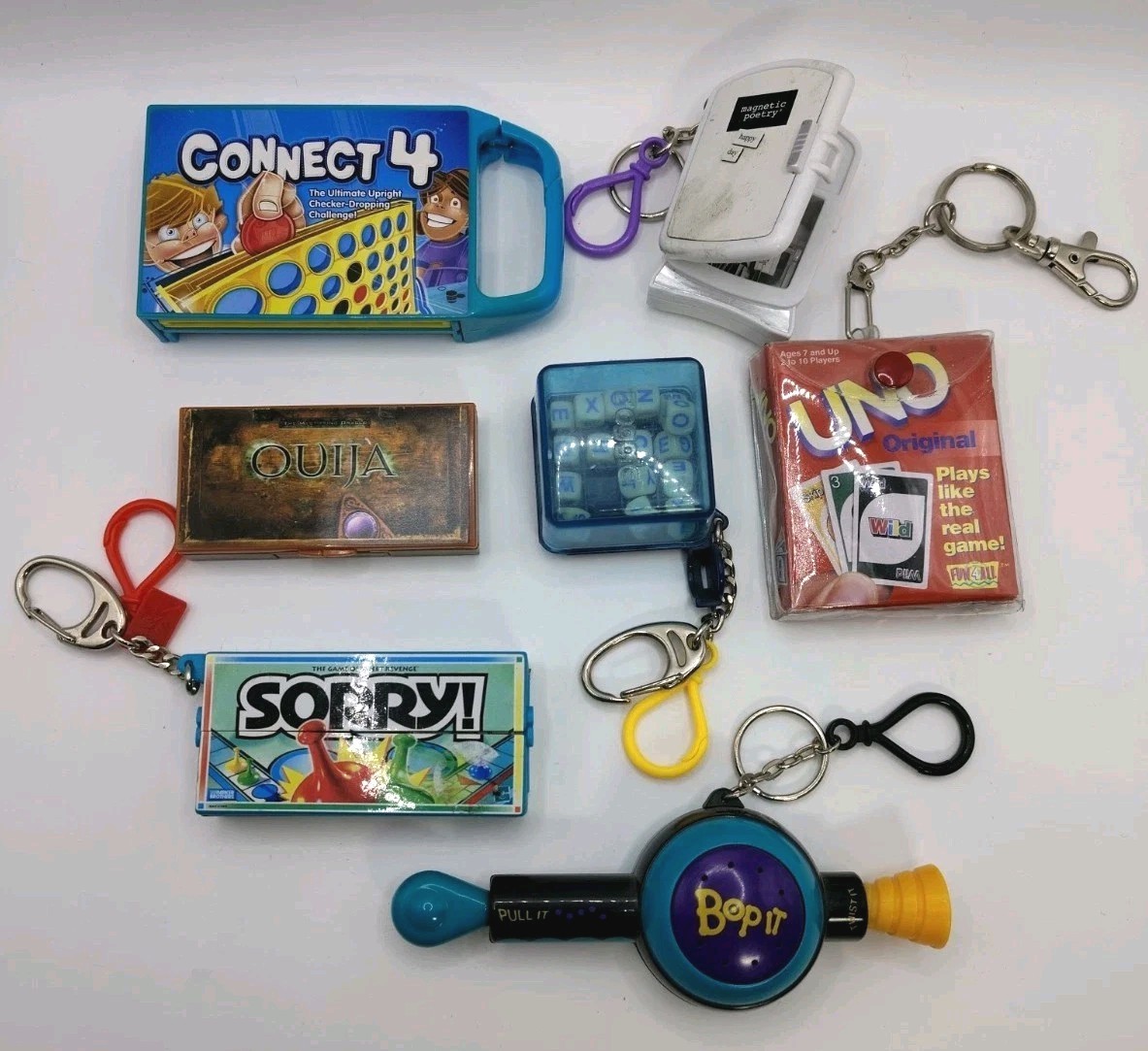 Mini Keychain Lot 7 Games Ouija Boggle Sorry! Connect 4 Bop It Magnet Poetry Uno