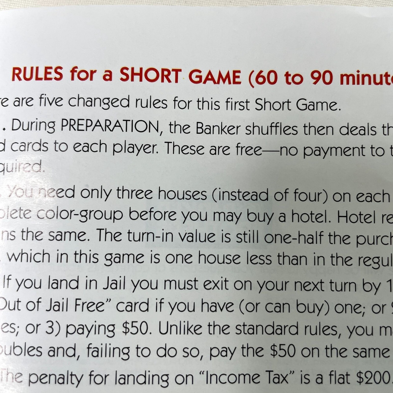 Monopoly Board Game Instruction Manual Guide Short Game Classic Rules Booklet u
