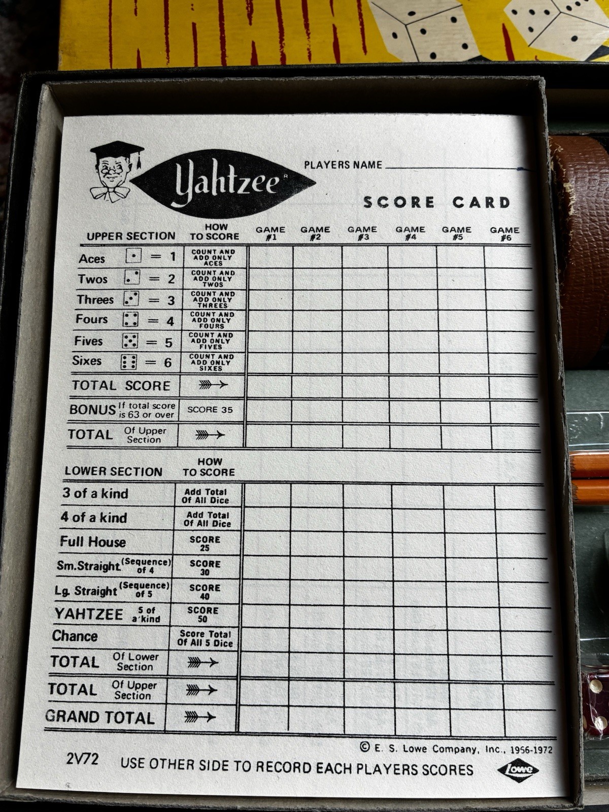 1967 Yahtzee Board Game New Never Played 100% Complete