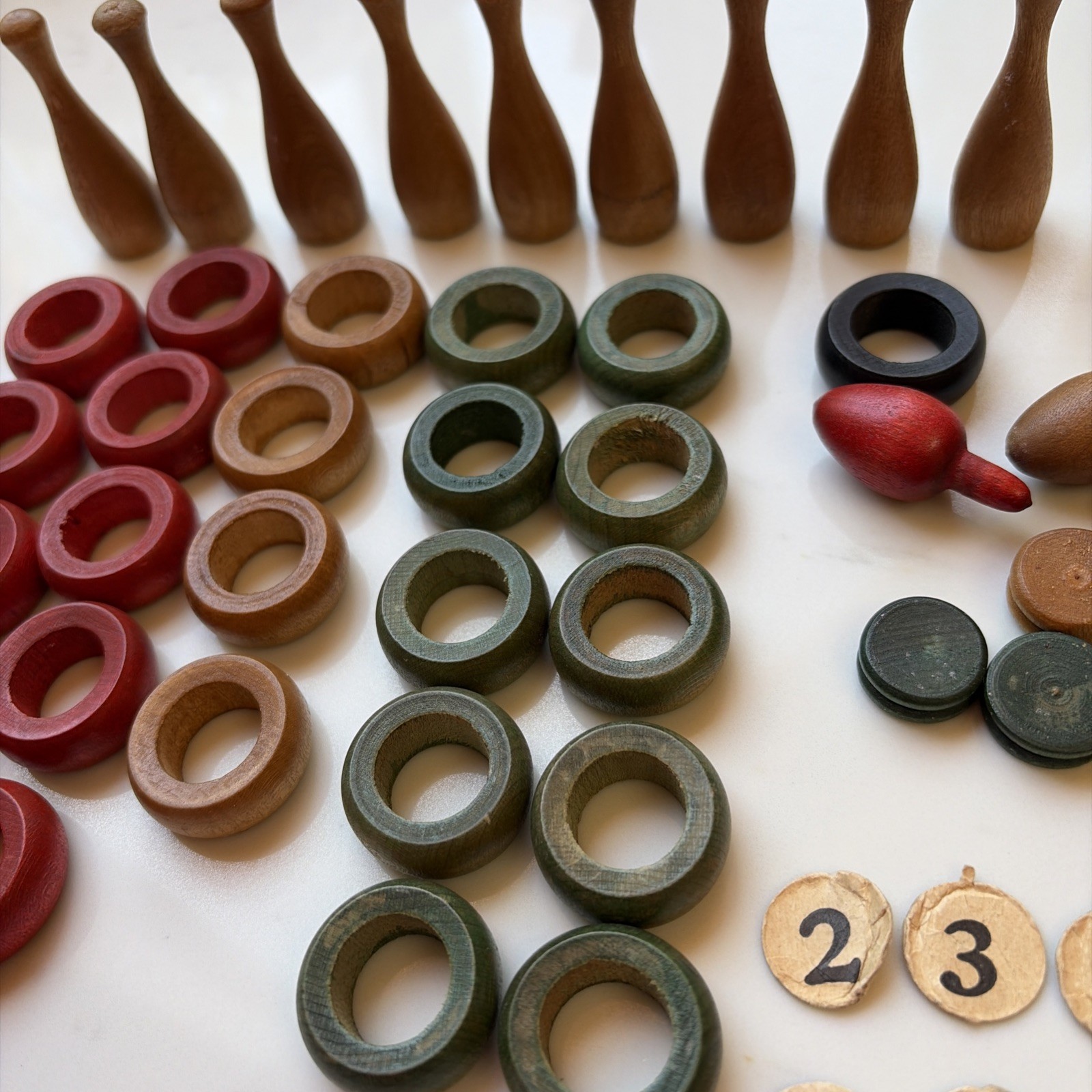 Vintage Wood Carrom Game Pieces, 56 Wood Pieces 10 Paper Numbers