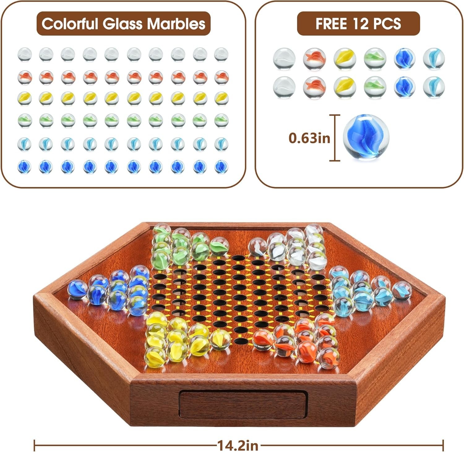 14.2” Chinese Checkers Game Set w/ 72 Glass Marbles + Storage Drawer