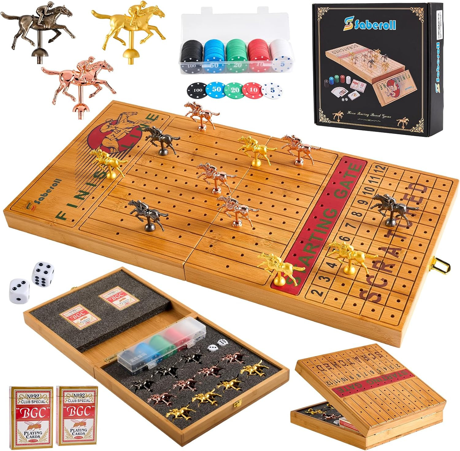 Large 23 Inches Bamboo Horse Racing Board Game Foldable Horse Race Board Game wi