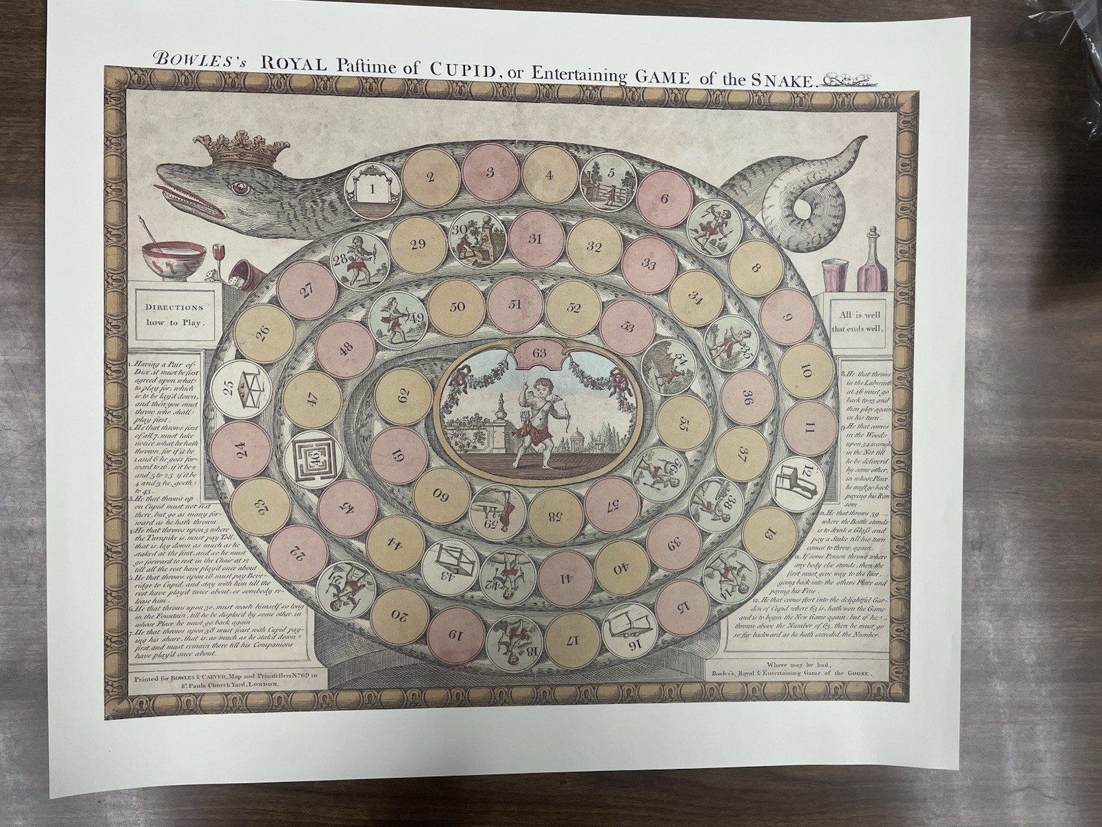 Vintage Game of the Snake Cupid Board Game Print Bowles Royal Pastime Art