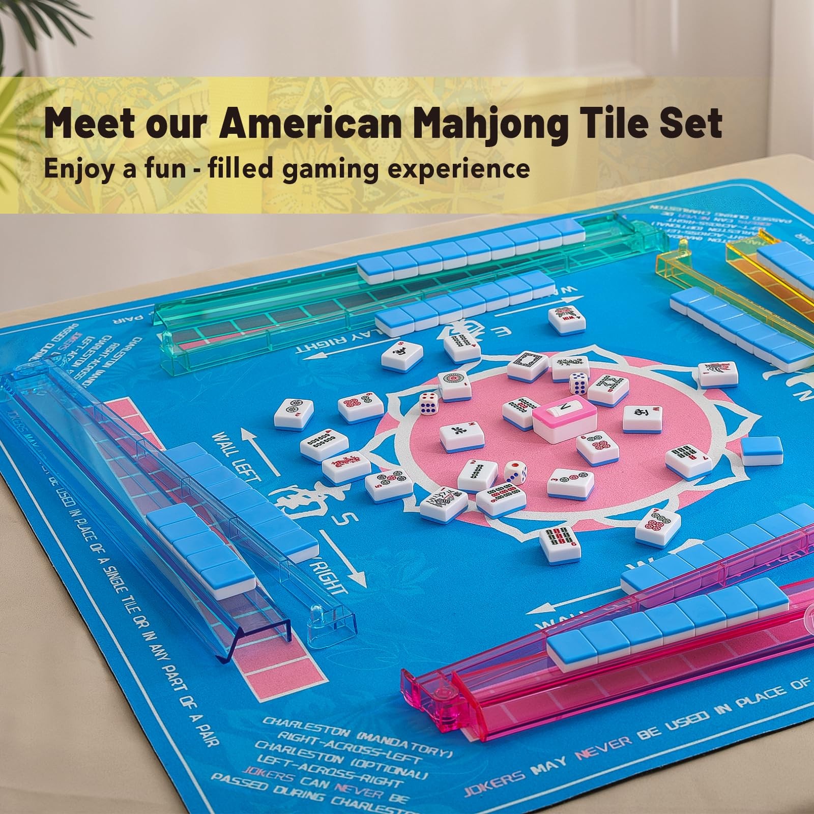 American Mahjong Tile Set with Yellow Printed Carrying Bag, 166 Blue Tiles, 4…