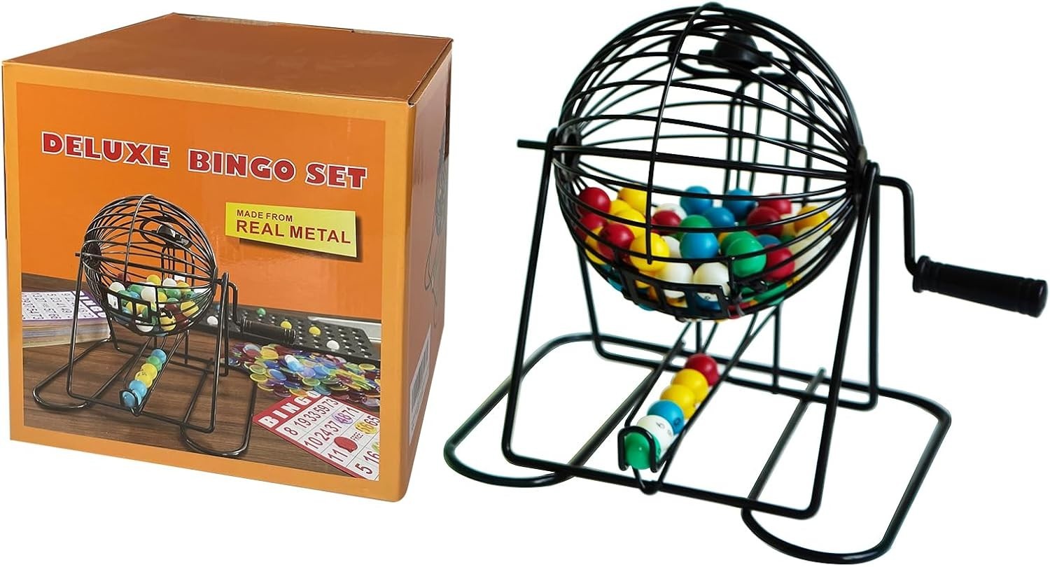 Deluxe Bingo Game Set – Metal Round Cage, 75 Colored Bingo Balls, 100 Bingo C…