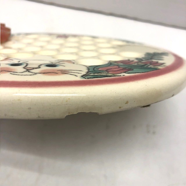 Vintage Ceramic Solitaire Marble Board Game Hand Painted Cat & Flowers Design