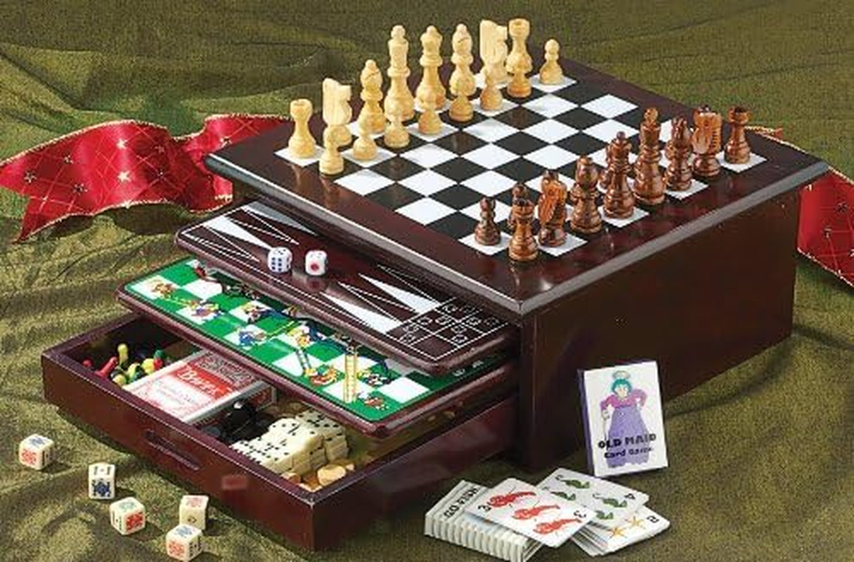 Deluxe 15-in-1 Wooden Board Game Set with Storage Drawer for Family Fun