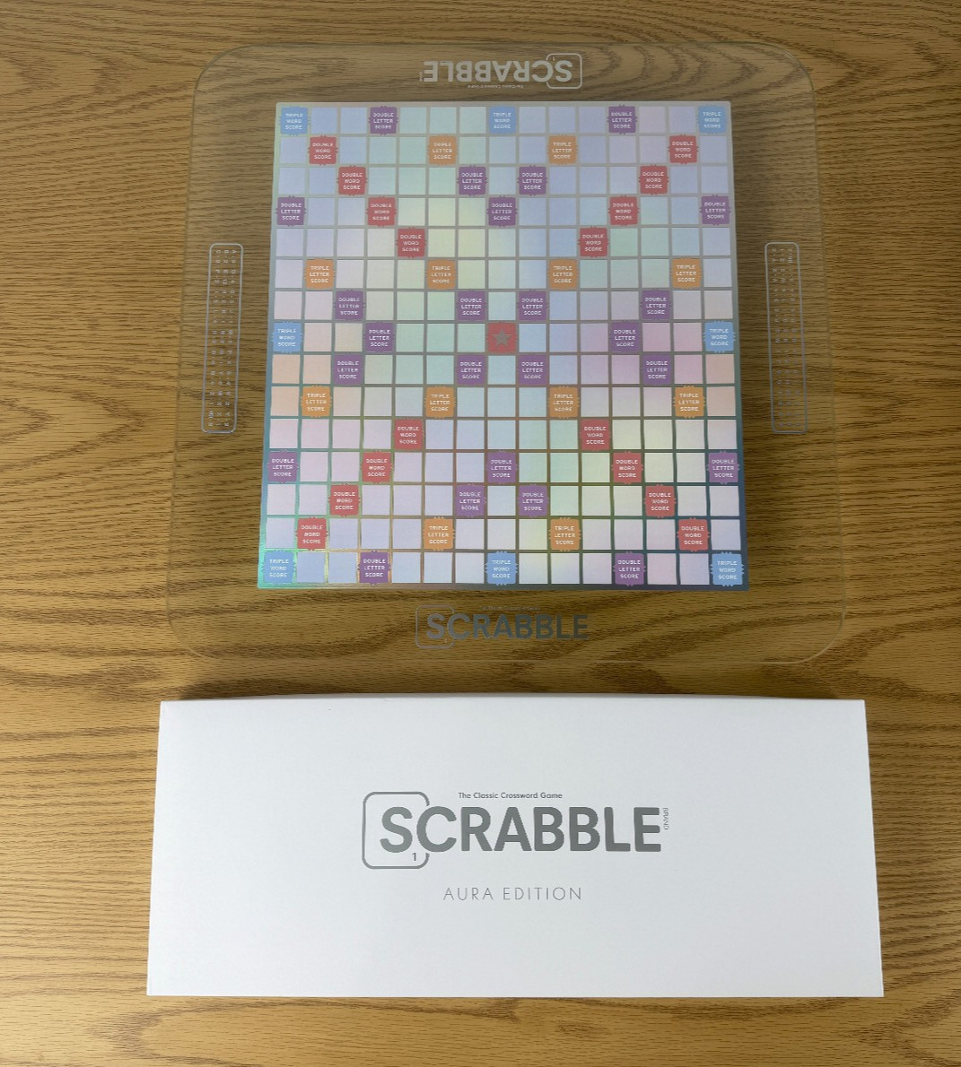SCRABBLE AURA Glass Game WS Game Rotating Board Lazy Susan Open Box