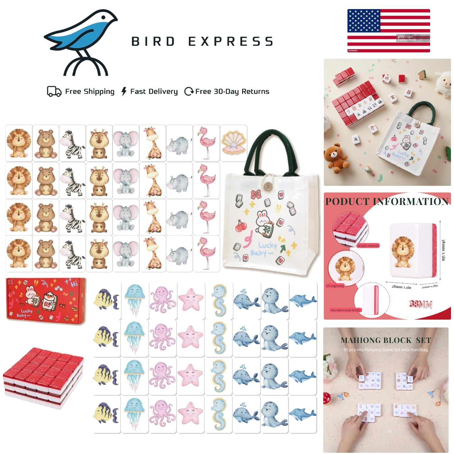 Portable Mahjong for Kids Block Set 65 pcs with Handbag for Travel Family Game