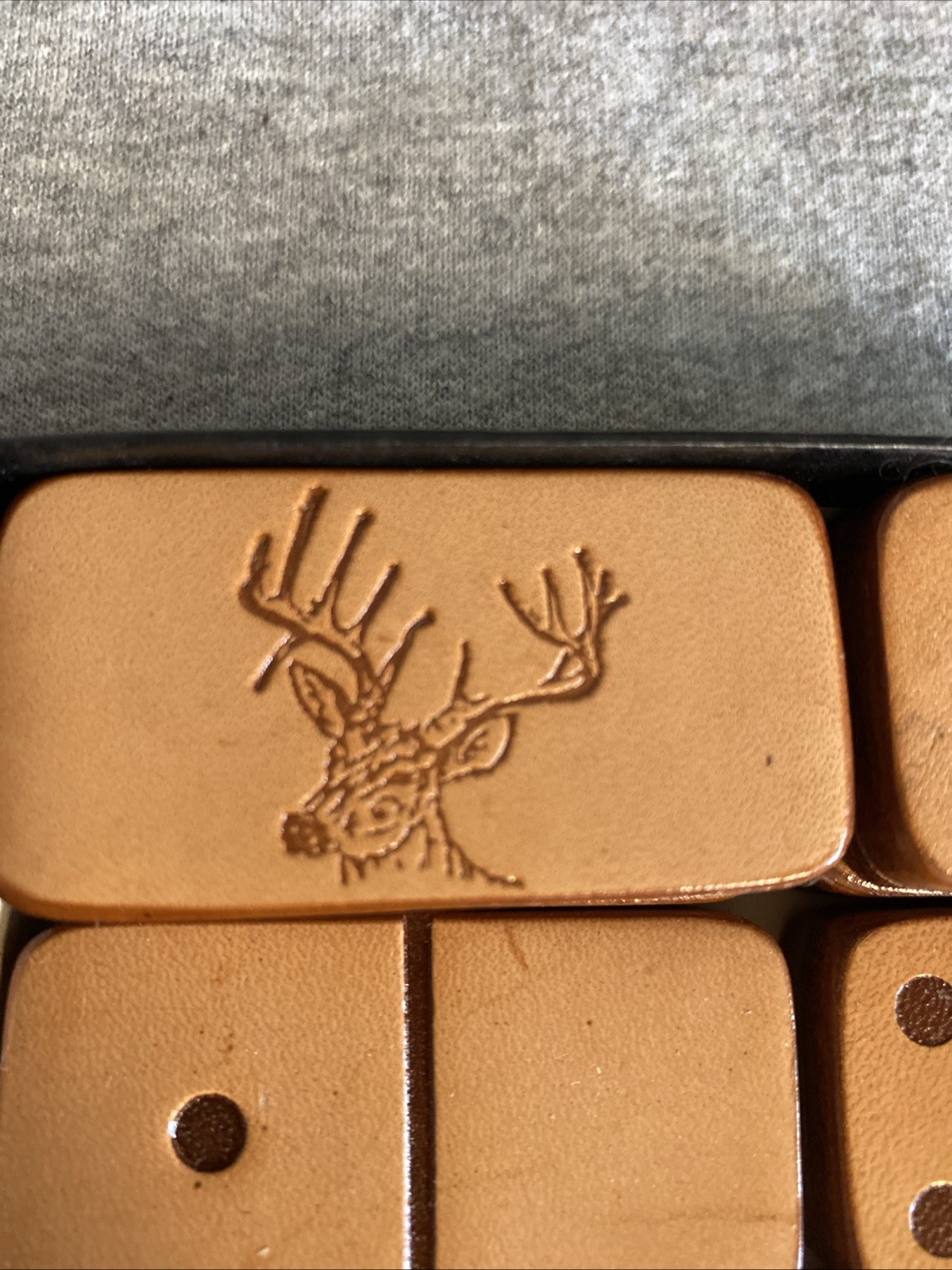 Nice In box Leather And Wood Deer Antler Dominoes-Rare