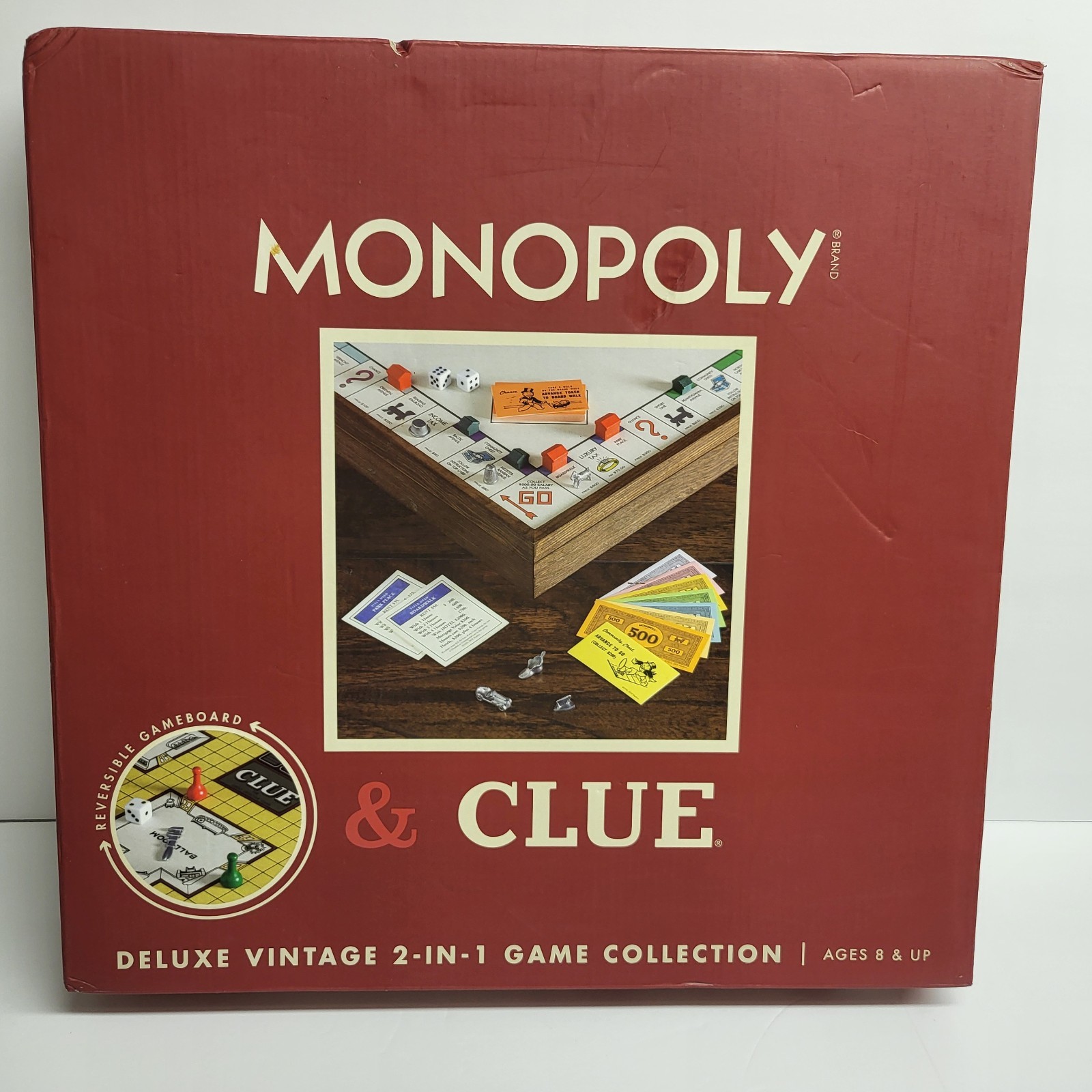 Monopoly & Clue Board Games Deluxe Vintage Ed. 2-in-1 Game Collection Wood Board