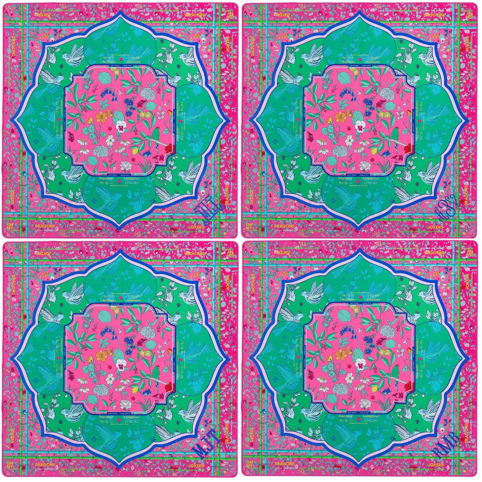 80x80cm Thickened Mahjong Table Mat Pink & Green Flowers And Birds Mat Non-Slip