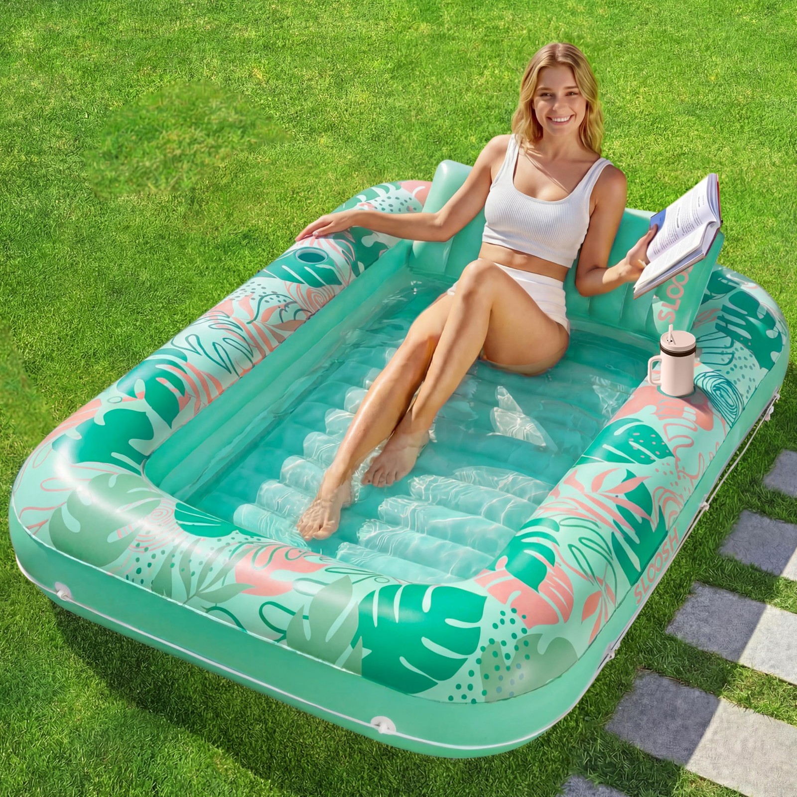 Pool Float Lounger 70 x 46 Inflatable Suntan Tub Large Aqua Blue SLOOSH Tanning