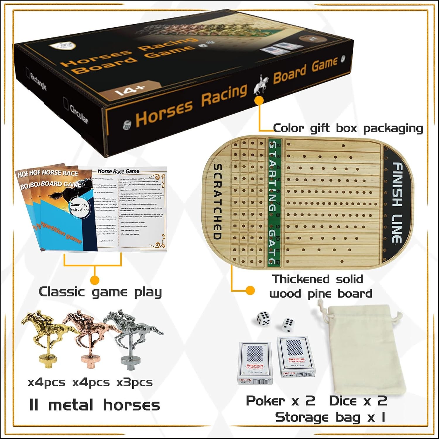 Horse Race Board Game Racing Game Thickened Solid Wood with 11 Luxurious Durable
