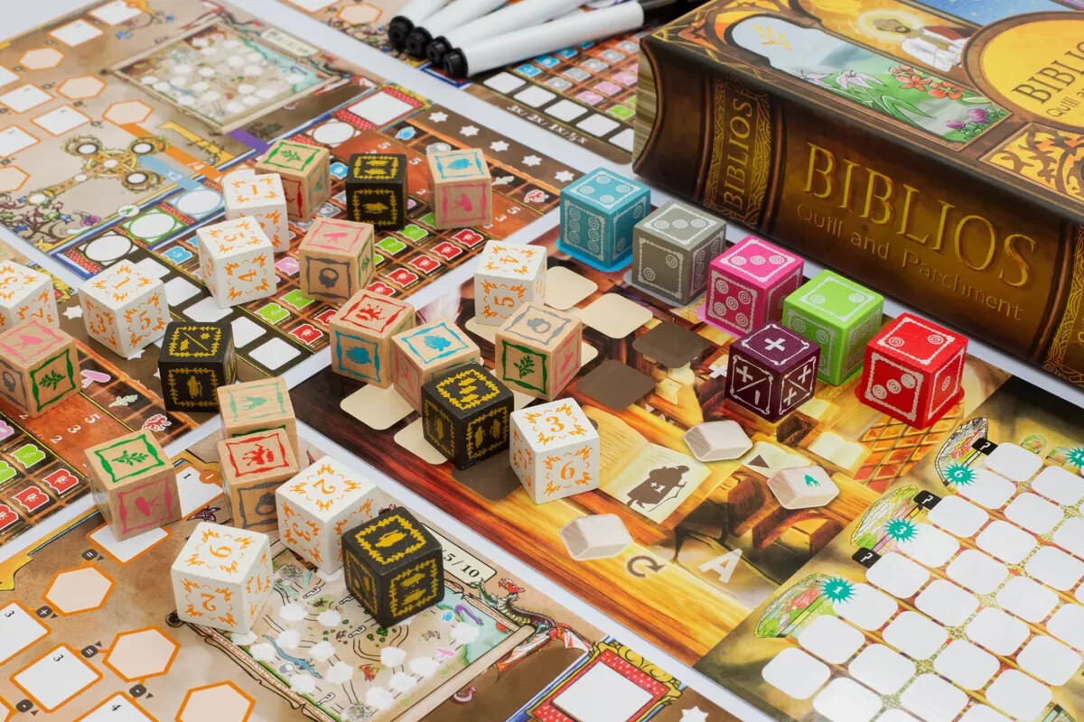 Biblios Quill and Parchment .. Push Your Luck, Roll & Write Game