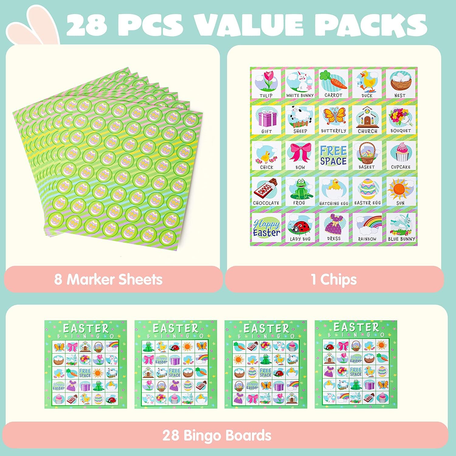 28 Players Easter Bingo Cards (5X5) for Party Games and Classroom Activities