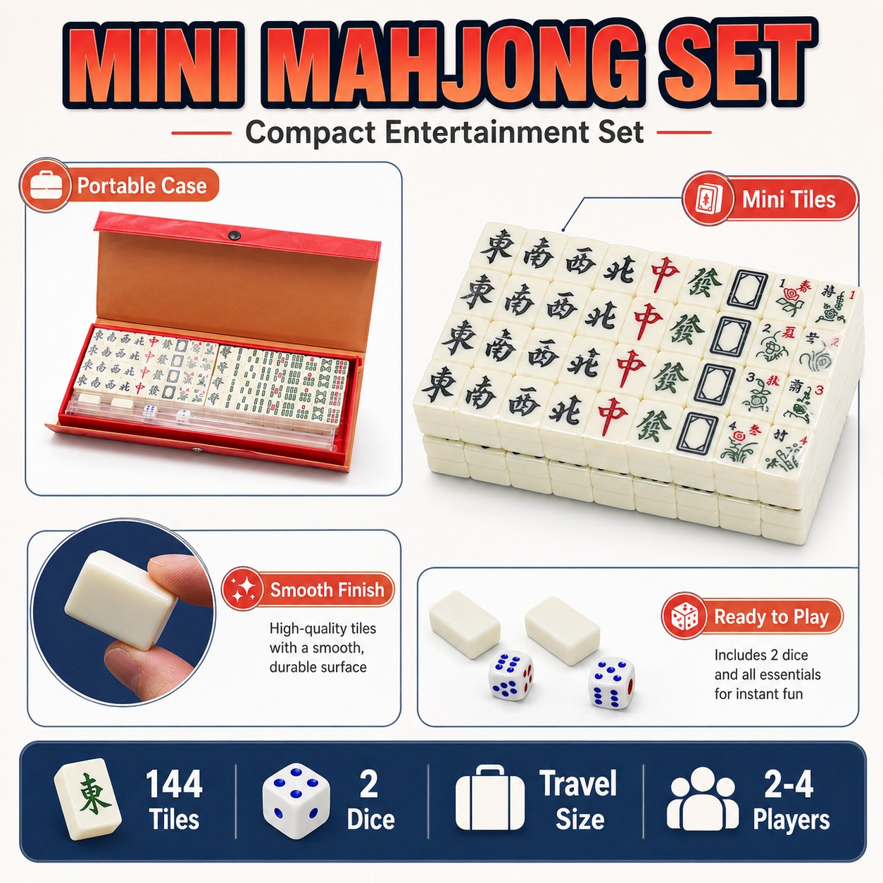Mini Mahjong Set 144 Tiles 2 Dice Travel Board Game Storage Case Gift for Kids!!