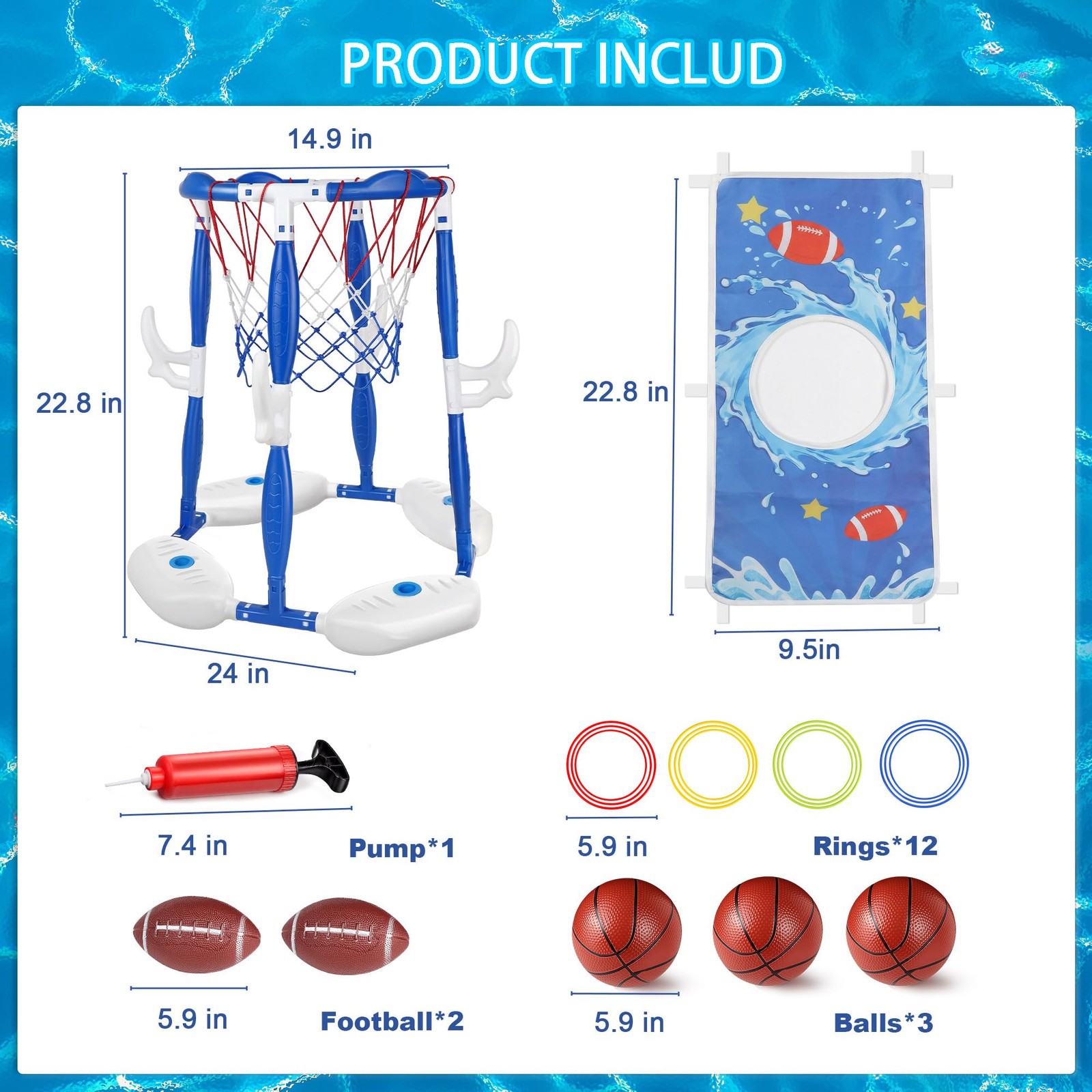 Pool Basketball Hoop 3-in-1 Floating Football Ring Games 5 Balls LPFG 4-8 8-12