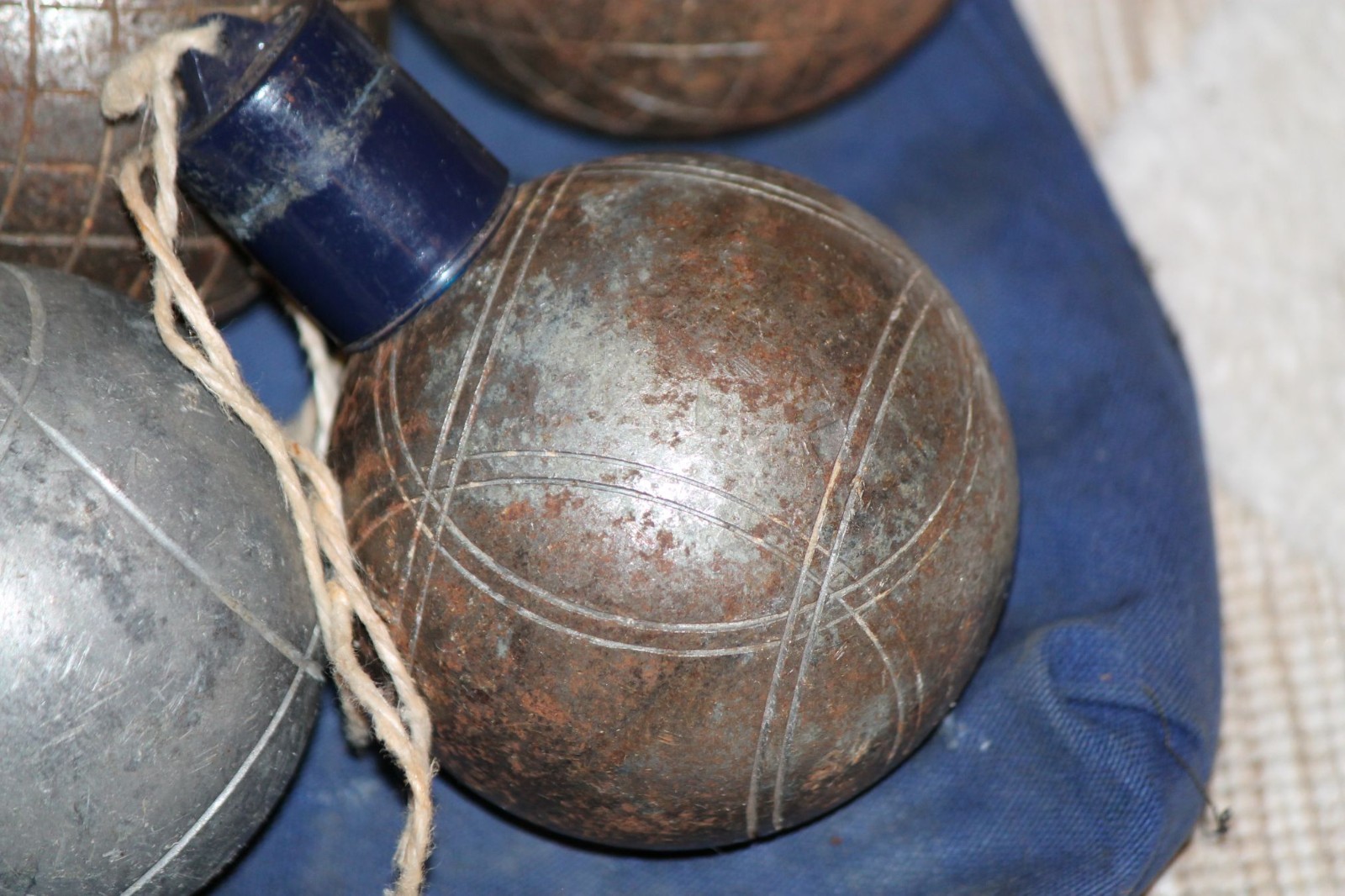 Vintage 1940s set of 5 French marked petanque boules and jacks