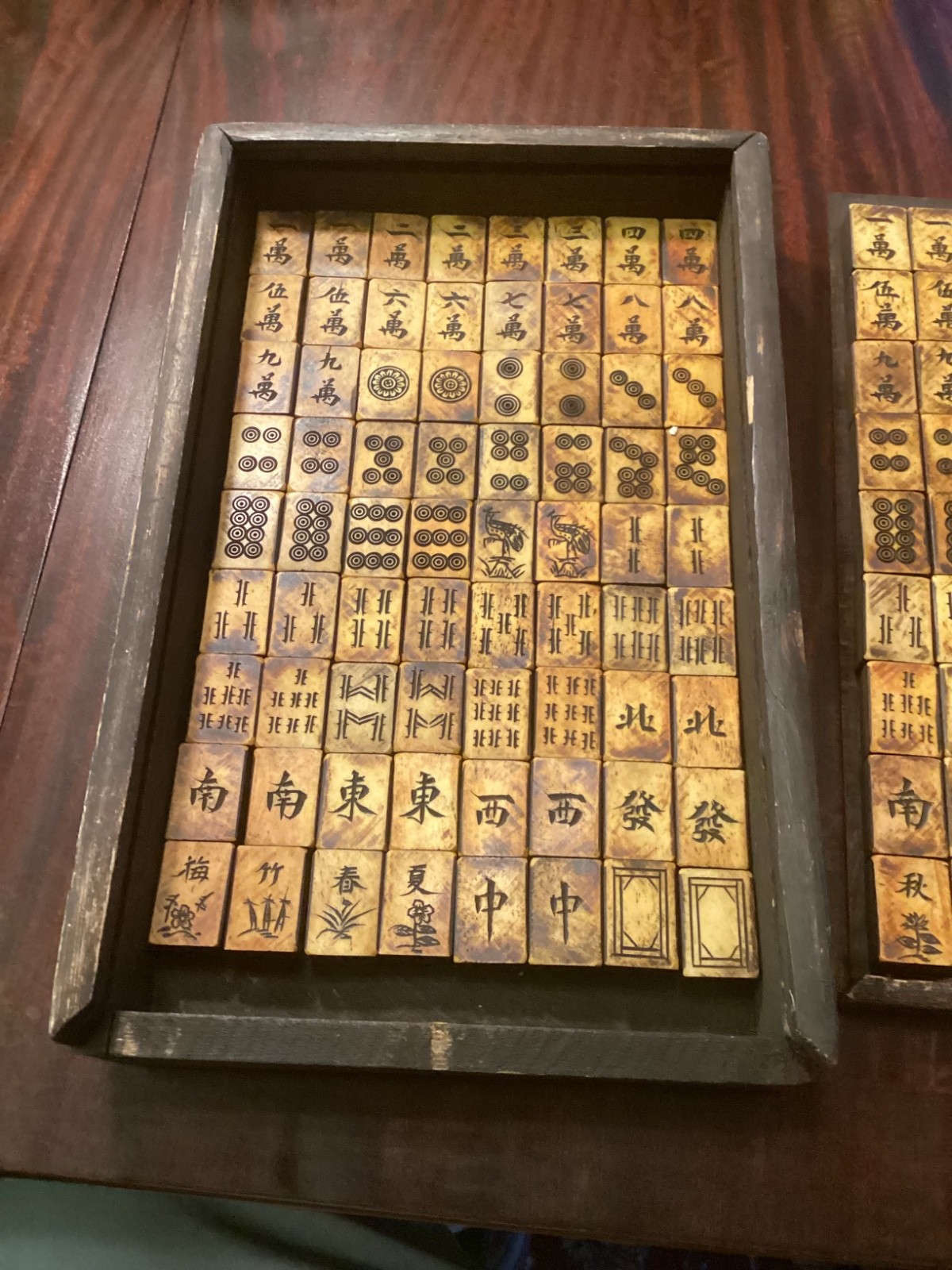 Antique 1920s Folk Art Mah Jong Set Hand Carved Bone & Bomboo Dovetail Pieces