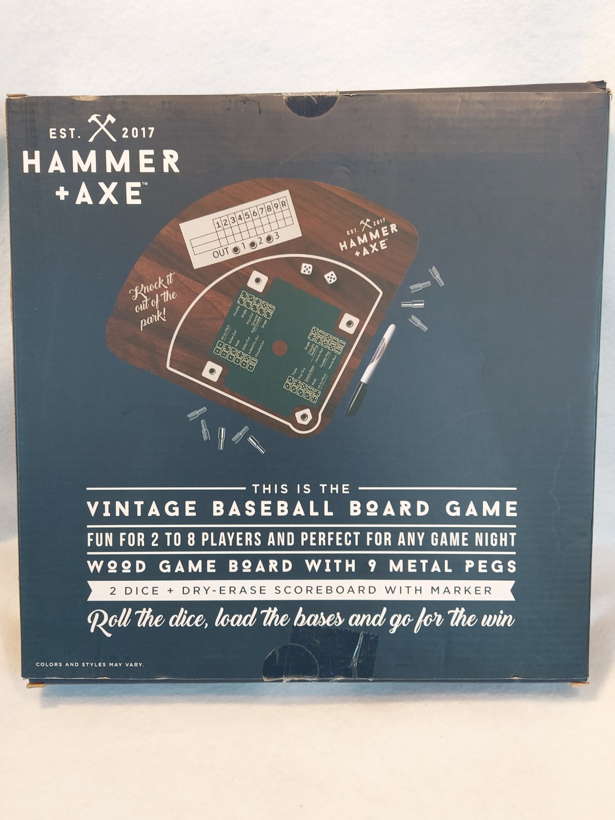 Vtg Baseball Board Game Wooden Board Metal Pegs Hammer & Axe 2 To 8 Players