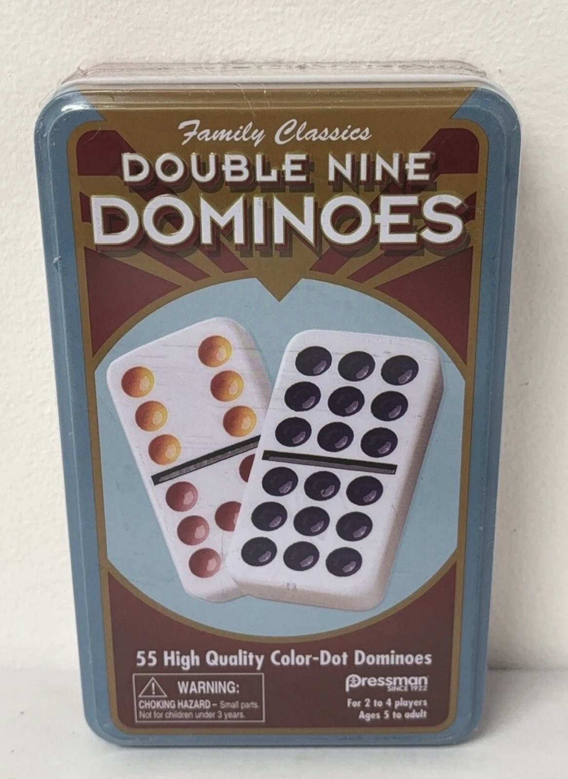 Pressman Double Nine Color-Dot Dominoes In Tin Brand New Sealed – 55 Dominoes!
